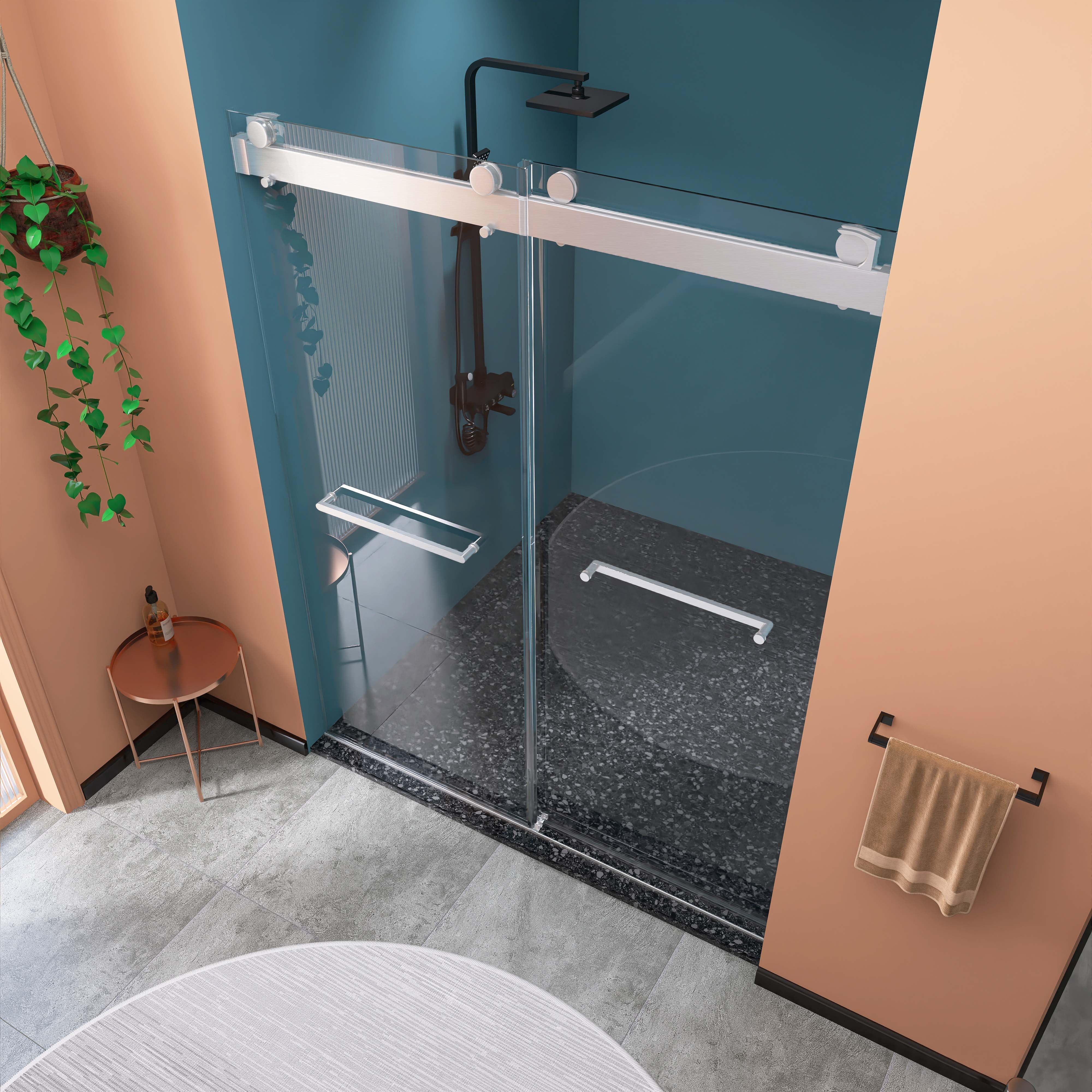 57" - 60" W 79" H Frameless Double Sliding Shower Door with Tempered Glass in Brushed Nickel