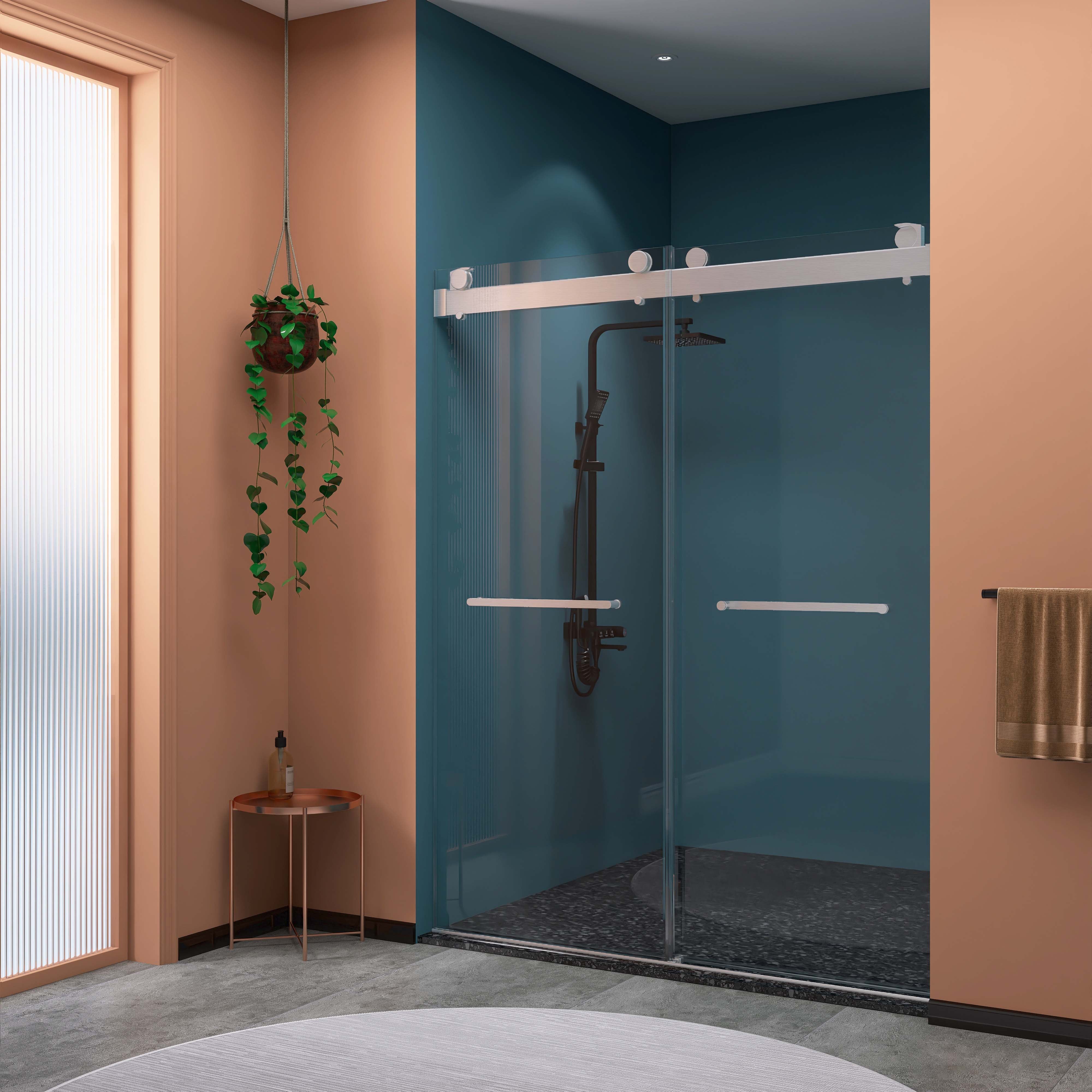 57" - 60" W 79" H Frameless Double Sliding Shower Door with Tempered Glass in Brushed Nickel