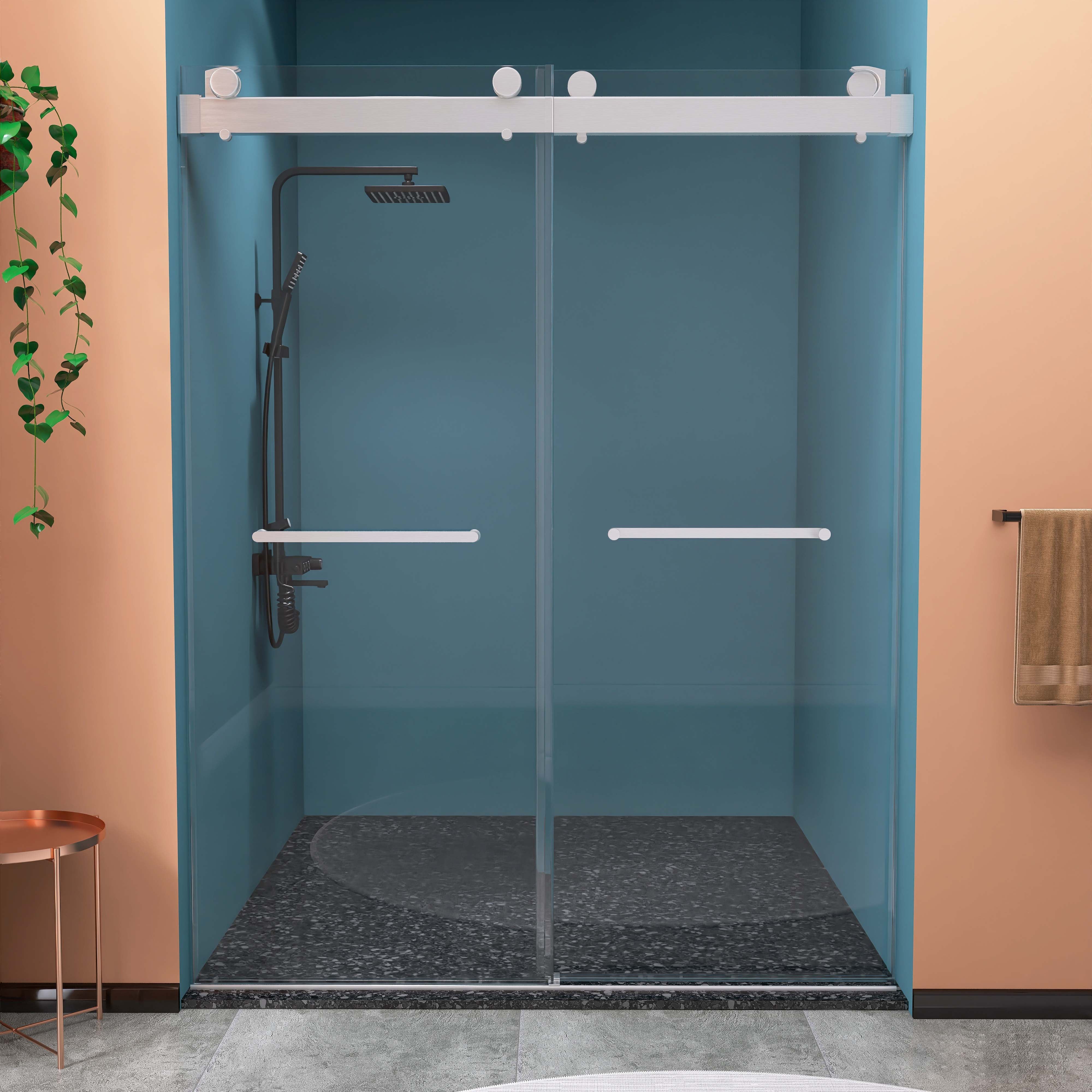 57" - 60" W 79" H Frameless Double Sliding Shower Door with Tempered Glass in Brushed Nickel