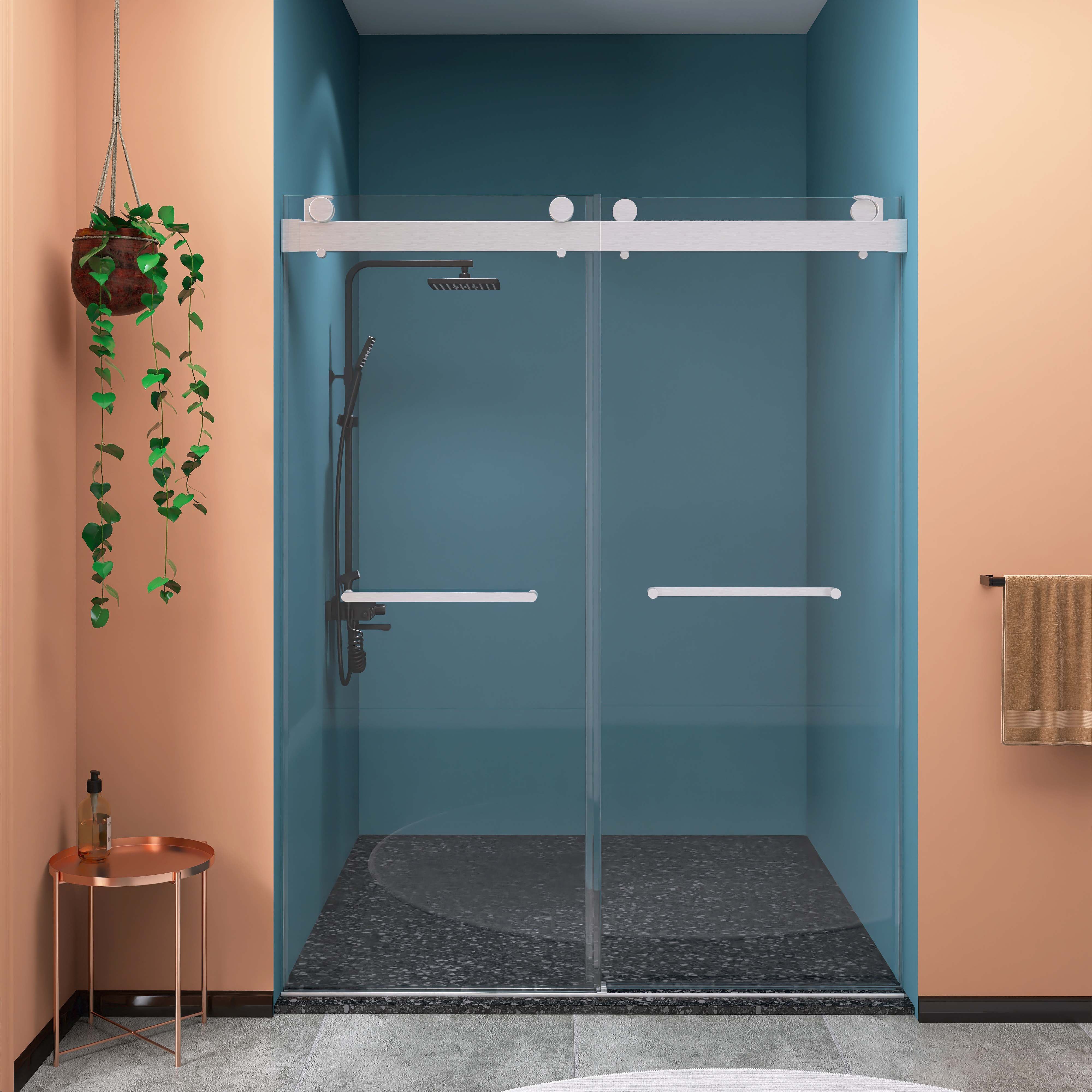 57" - 60" W 79" H Frameless Double Sliding Shower Door with Tempered Glass in Brushed Nickel