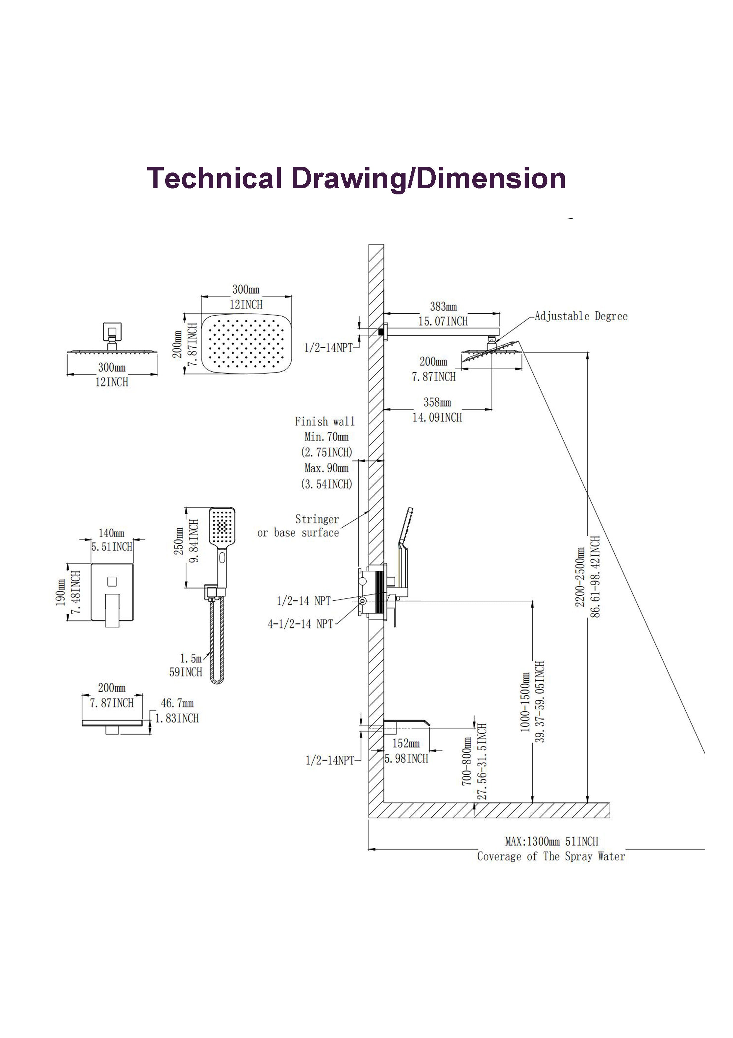 12" Shower Head 3-way Wall-Mount Square Shower Faucet with Rough-in Valve