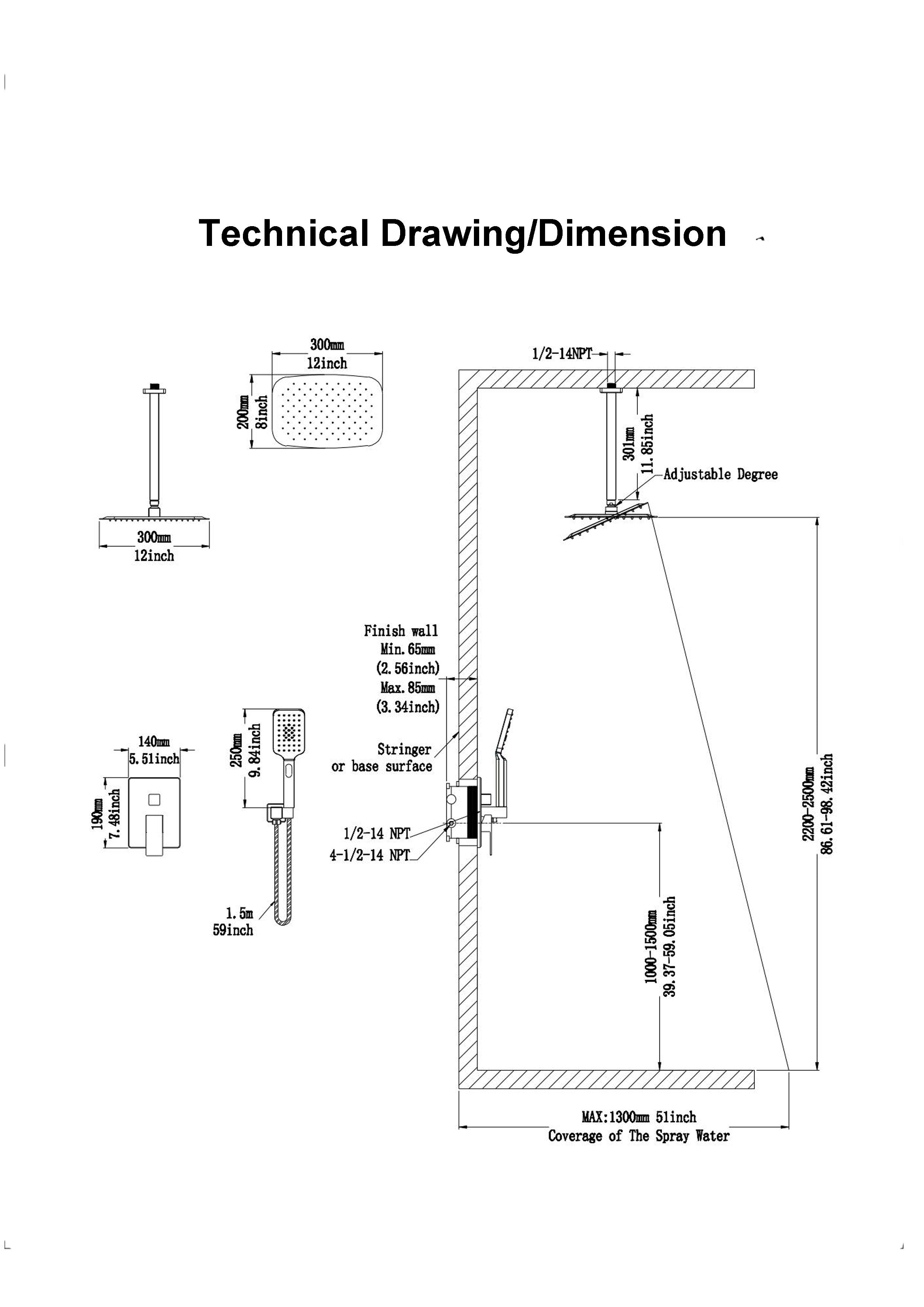 12" Wall Mount Complete Shower System with Rough-in Valve