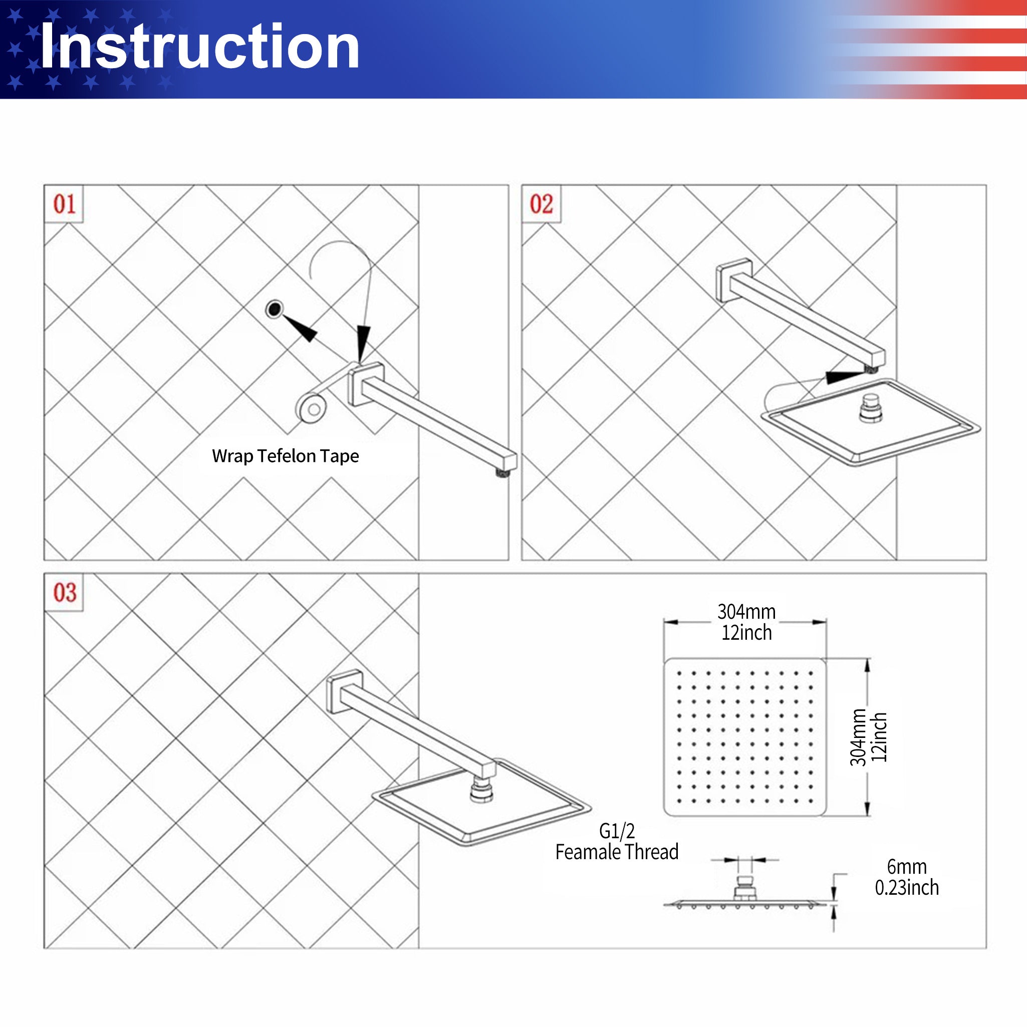12" Square Rain Fixed Shower Head 1.8 GPM
