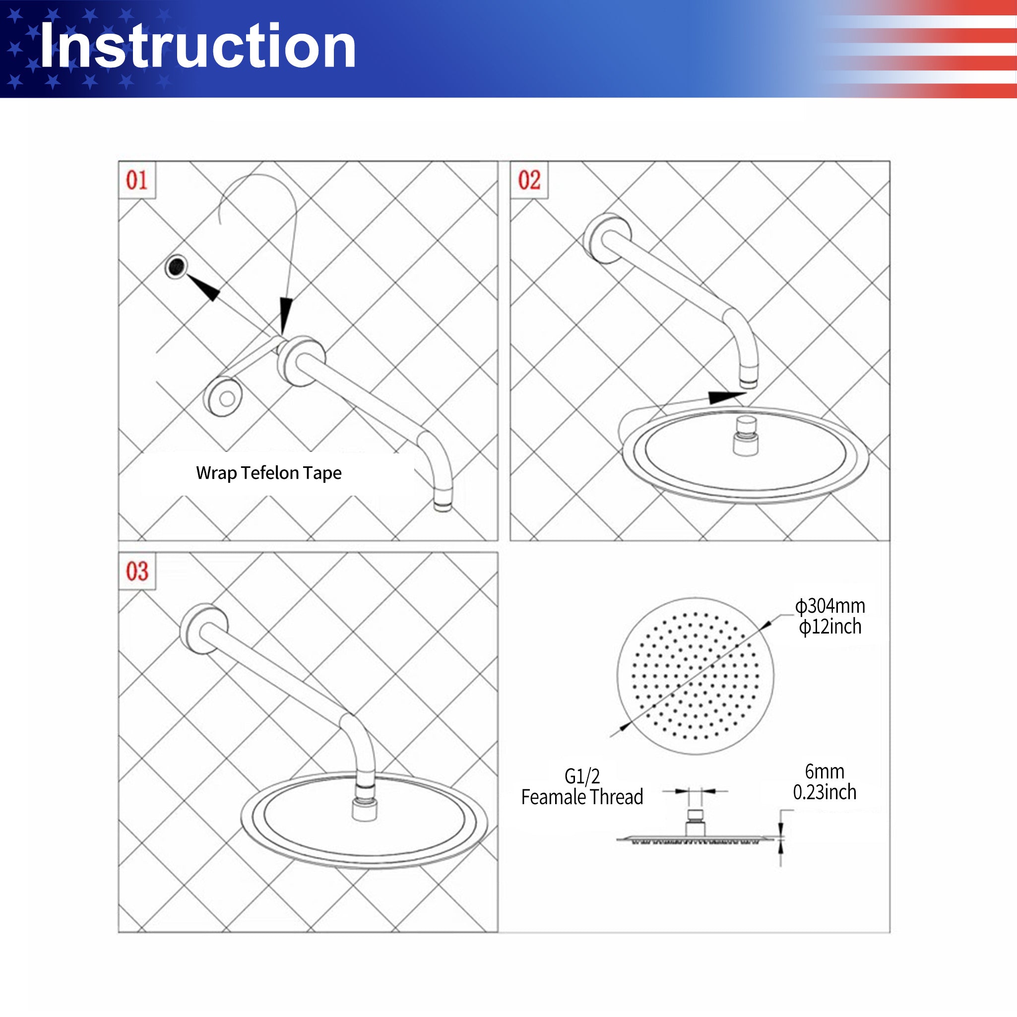 12" Round Rain Fixed Shower Head 1.8 GPM