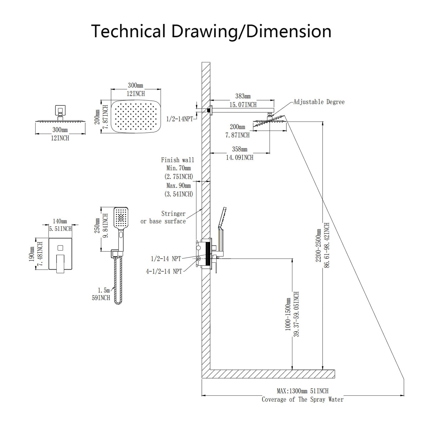 12" Shower Head 2-way Wall-Mount Square Shower Faucet with Rough in-Valve