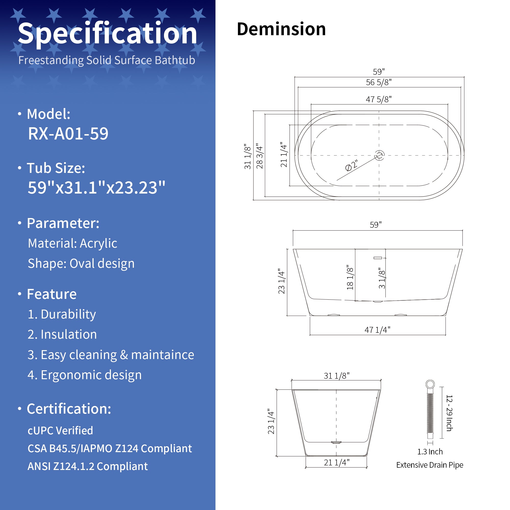 59" Oval Acrylic Freestanding Soaking Bathtub with Overflow