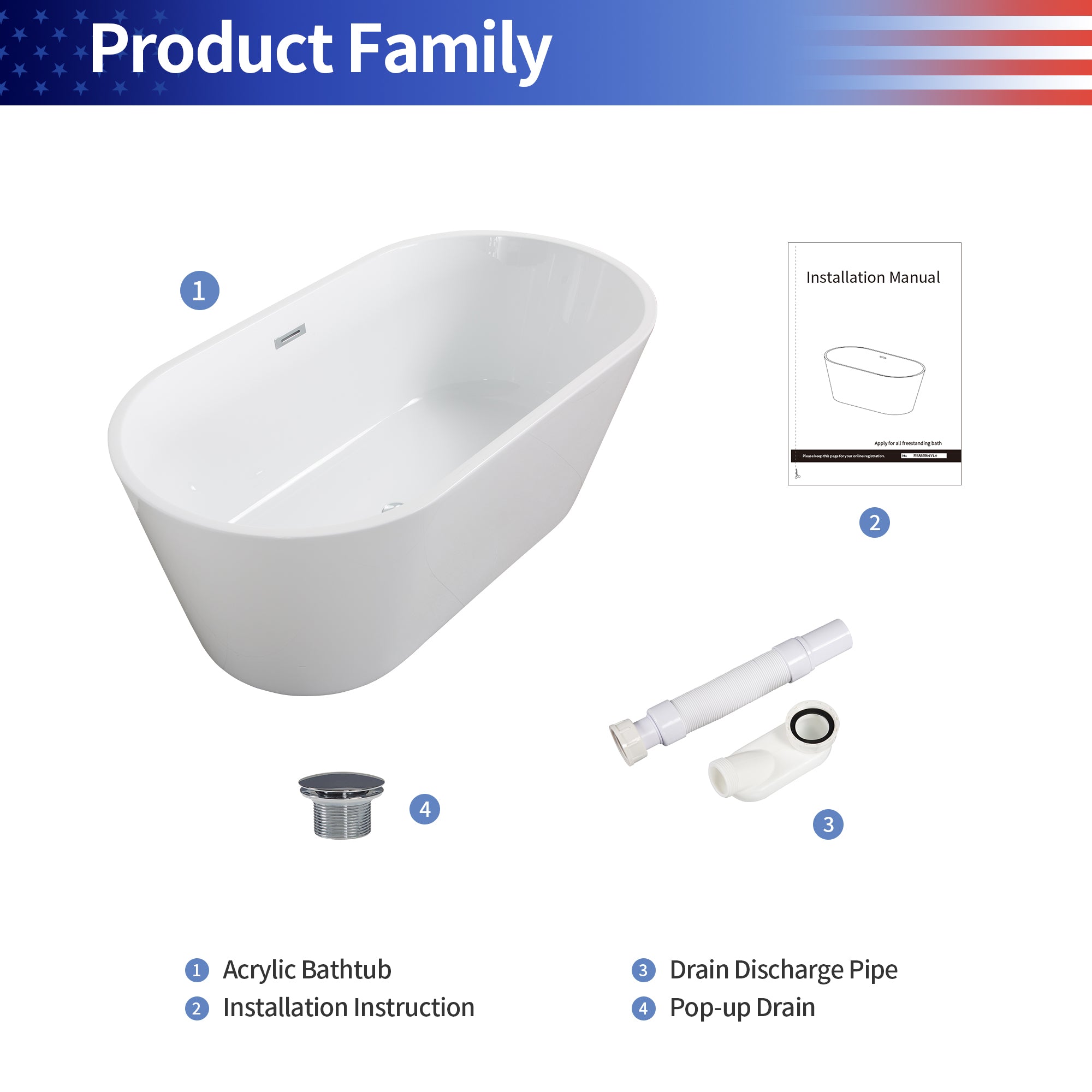 59" Oval Acrylic Freestanding Soaking Bathtub with Overflow