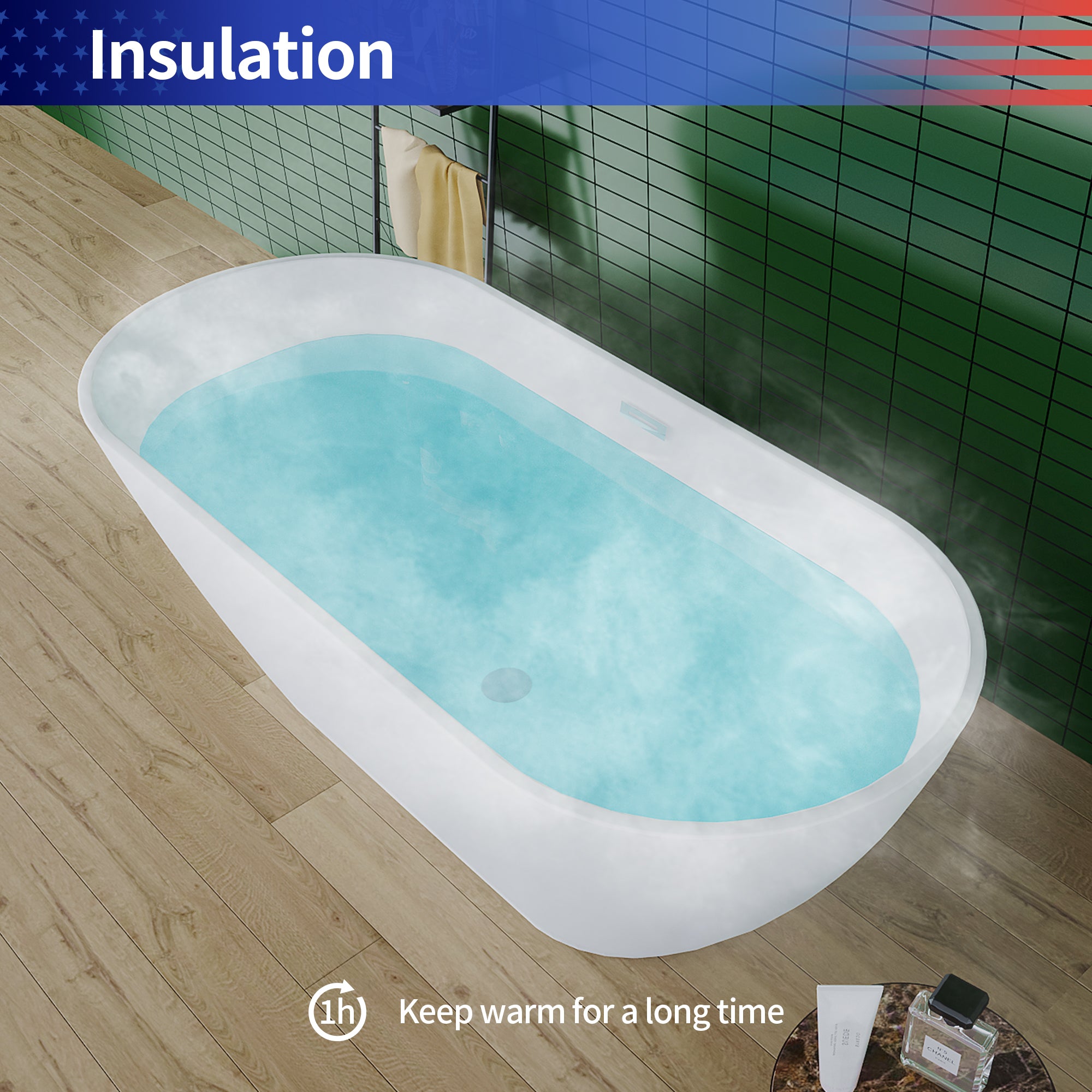 67" Oval Acrylic Freestanding Soaking Bathtub with Overflow