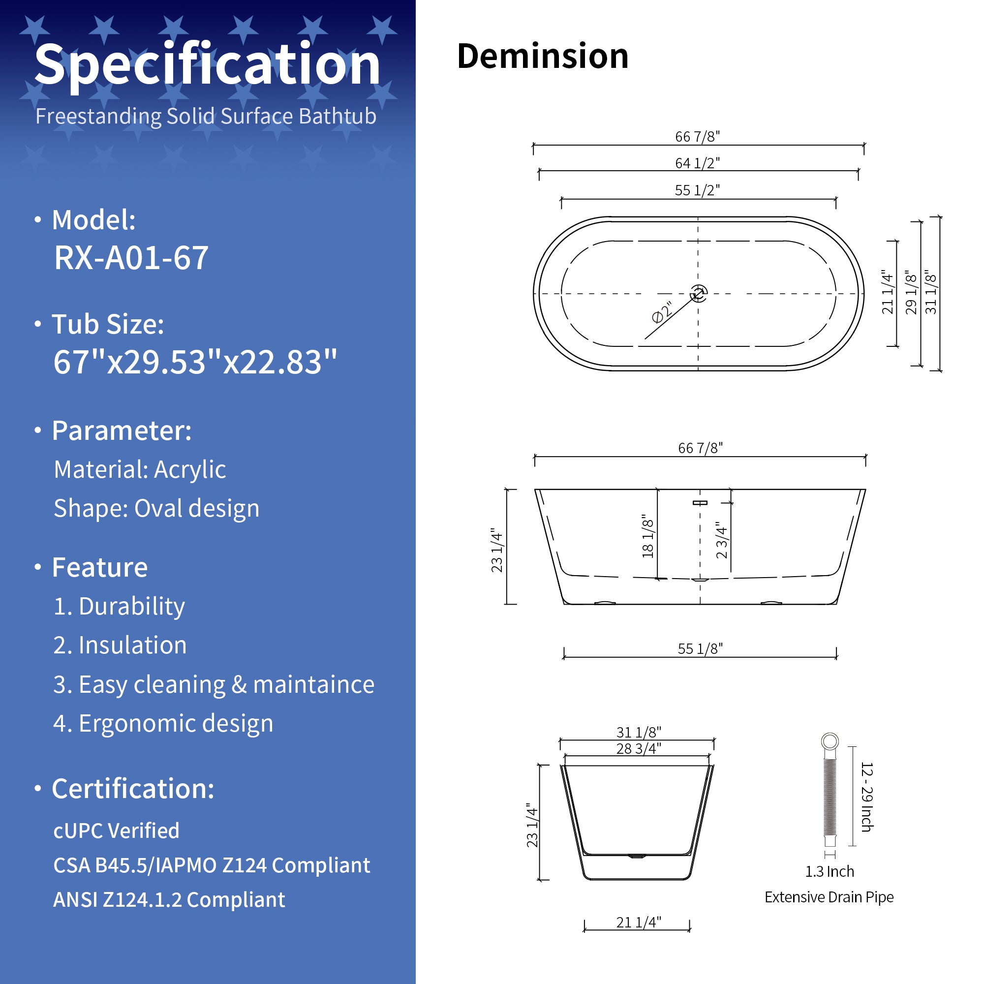 67" Oval Acrylic Freestanding Soaking Bathtub with Overflow