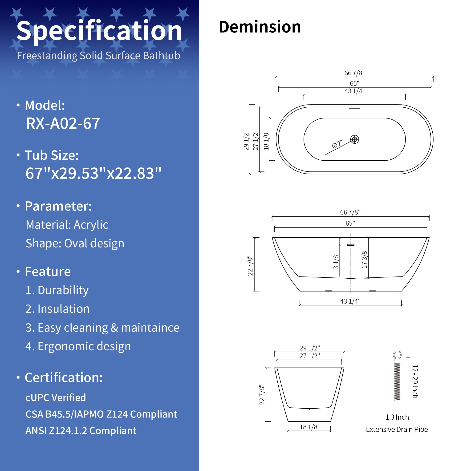 67" Oval Acrylic Freestanding Soaking Bathtub with Overflow
