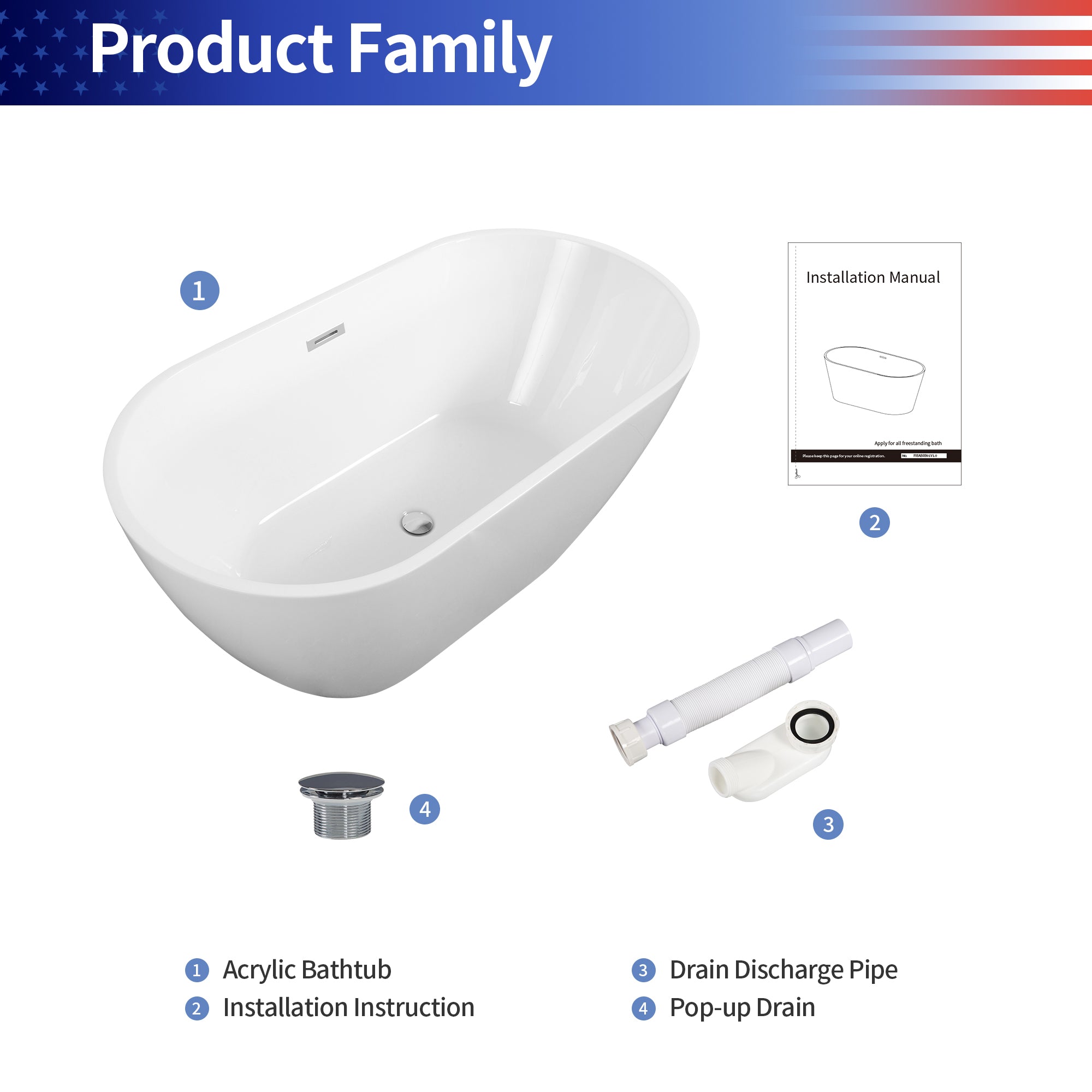 67" Oval Acrylic Freestanding Soaking Bathtub with Overflow