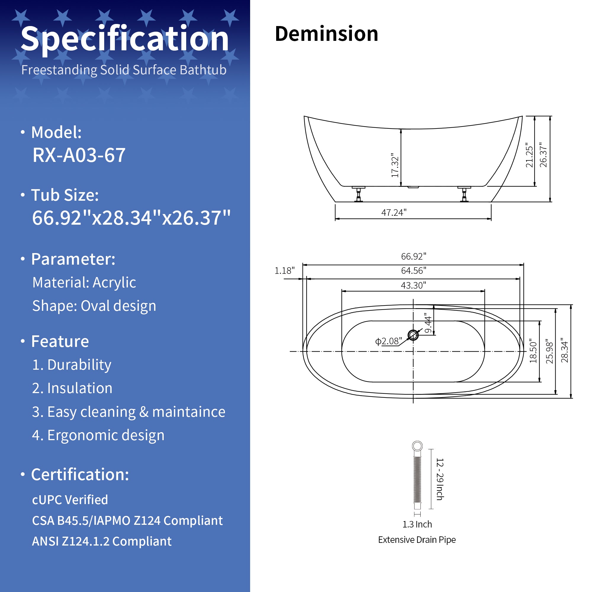 67" Contemporary Acrylic Freestanding Soaking Bathtub with Overflow