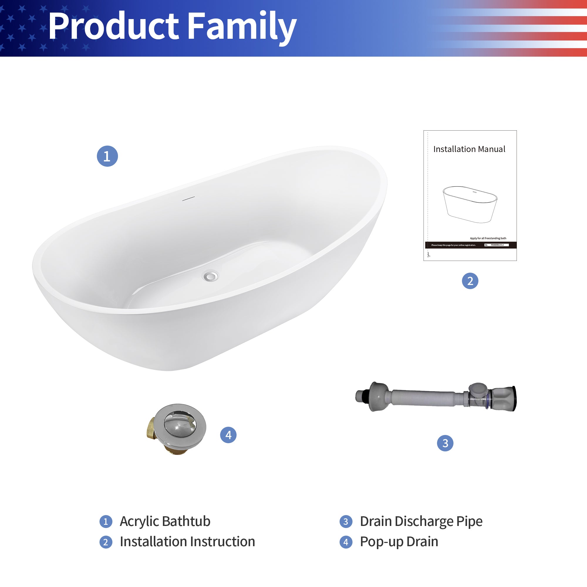 67" Contemporary Acrylic Freestanding Soaking Bathtub with Overflow