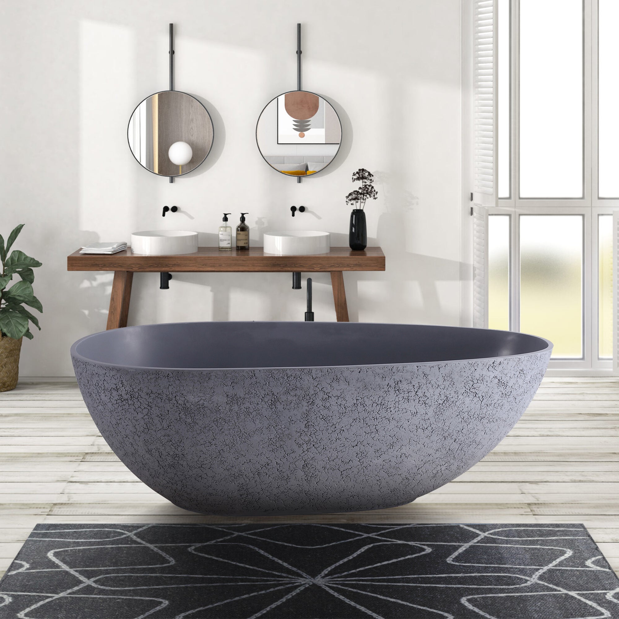65" Egg Shaped Freestanding Solid Surface Soaking Bathtub with Overflow