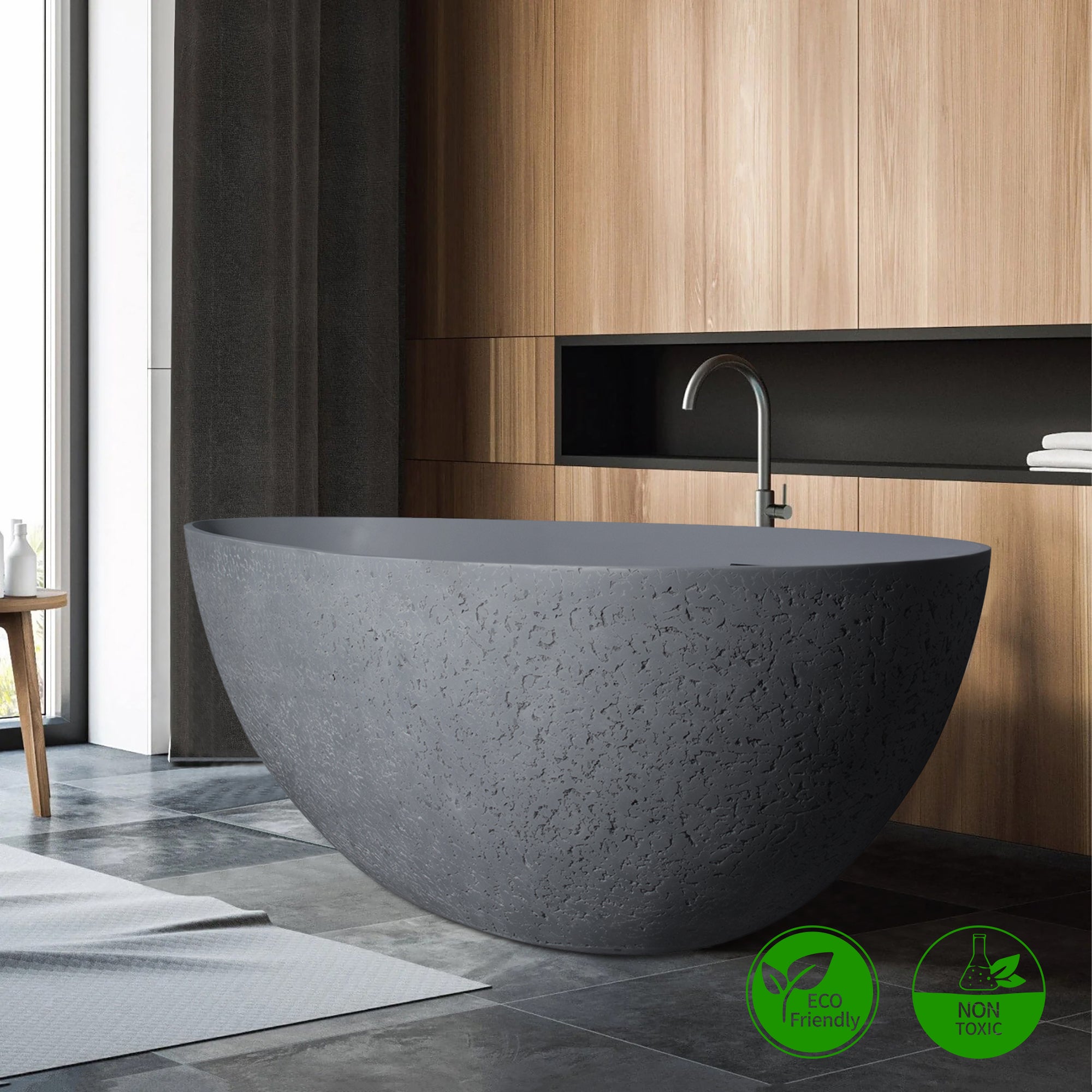 65" Egg Shaped Freestanding Solid Surface Soaking Bathtub with Overflow