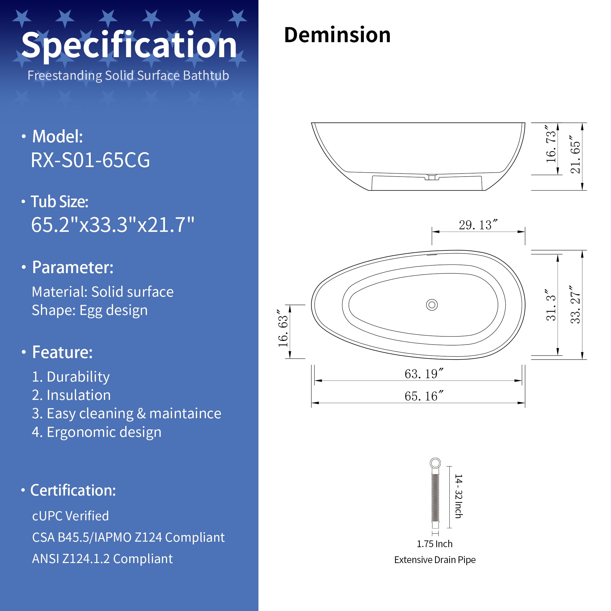 65" Egg Shaped Freestanding Solid Surface Soaking Bathtub with Overflow