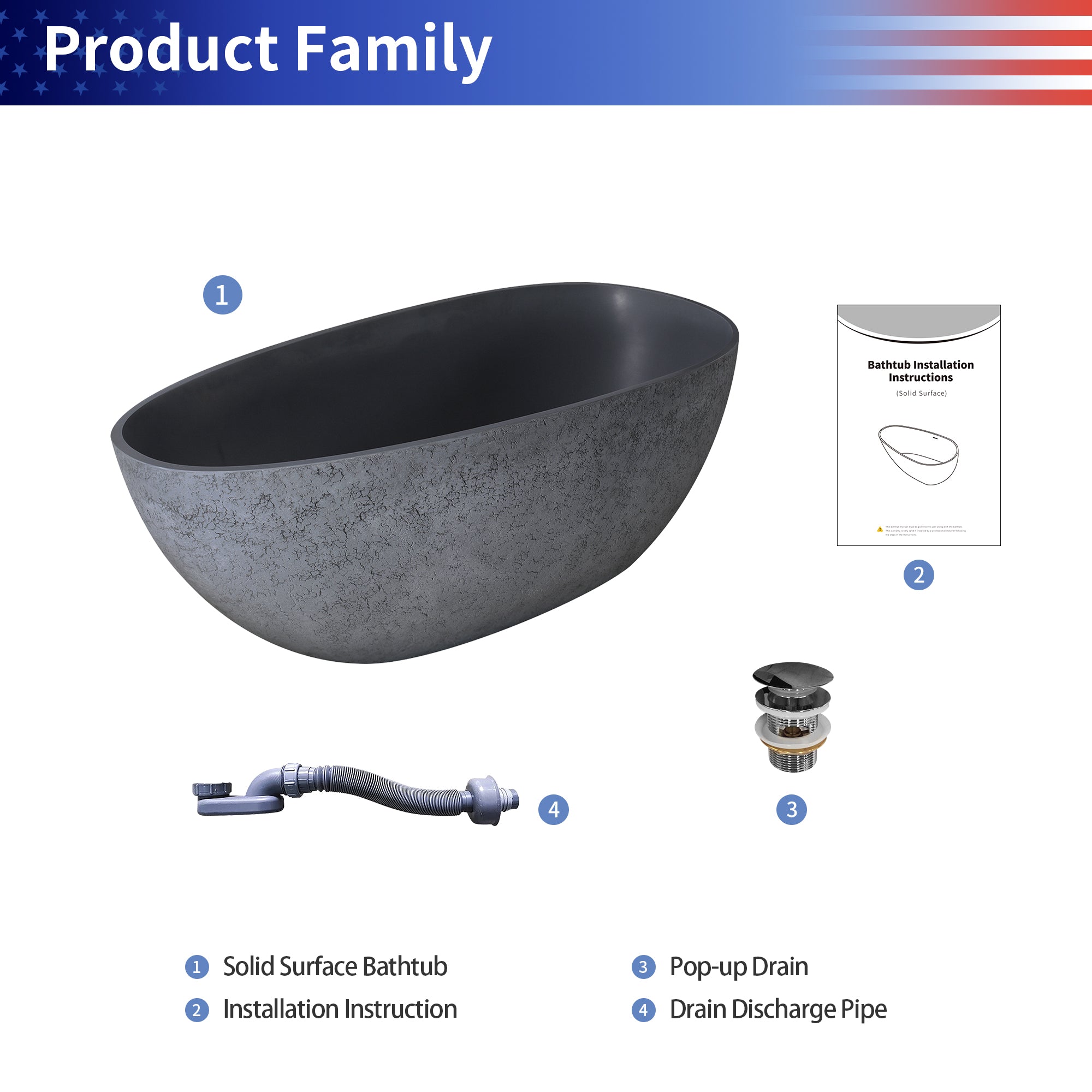 65" Egg Shaped Freestanding Solid Surface Soaking Bathtub with Overflow