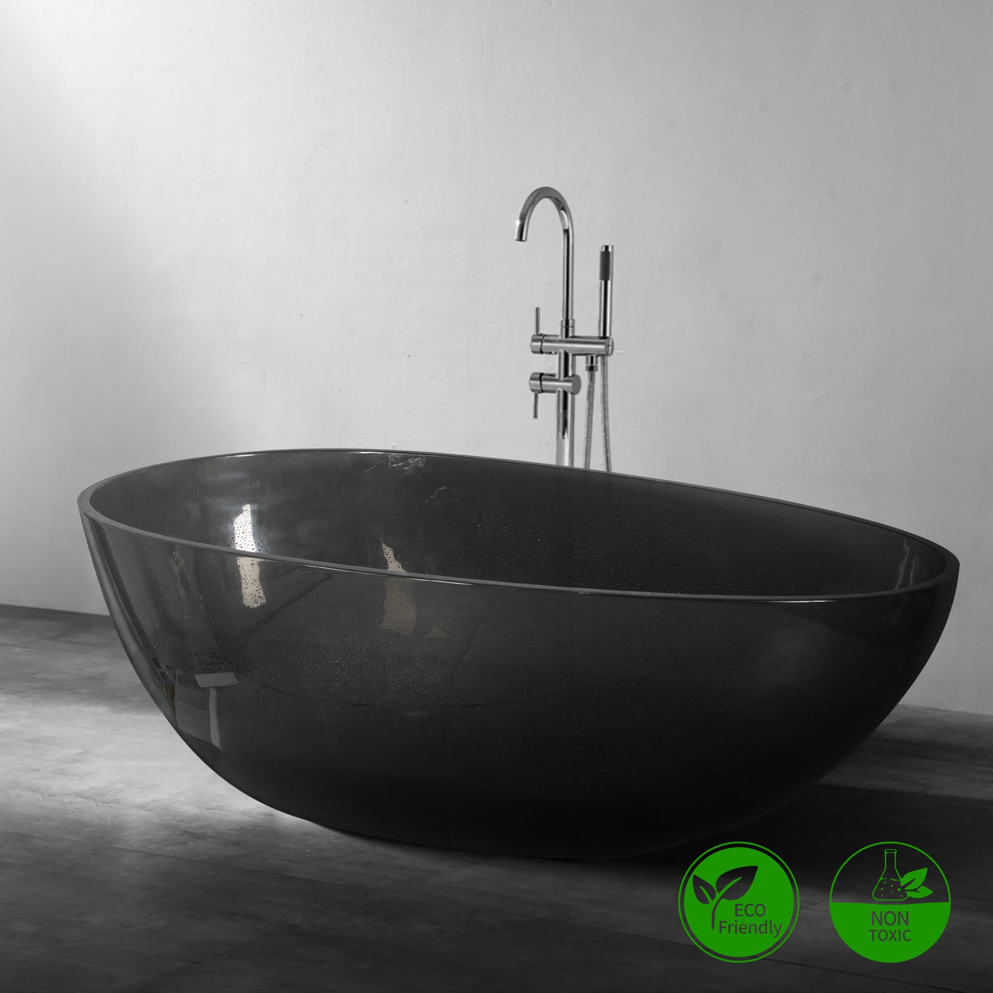 67" Egg Shaped Freestanding Solid Surface Soaking Bathtub in Translucent Black