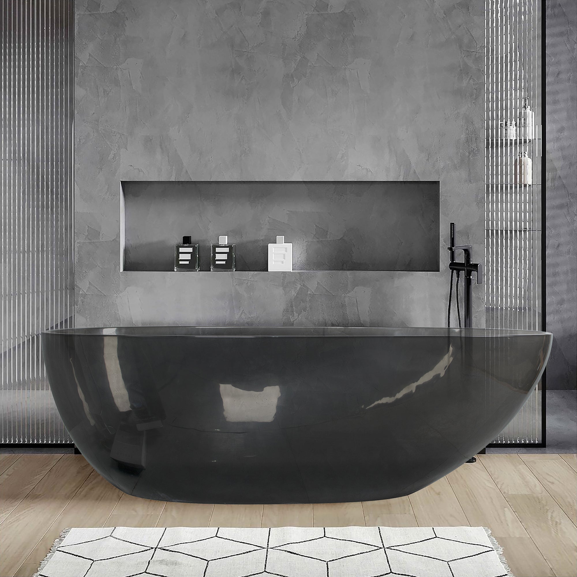 67" Egg Shaped Freestanding Solid Surface Soaking Bathtub in Translucent Black