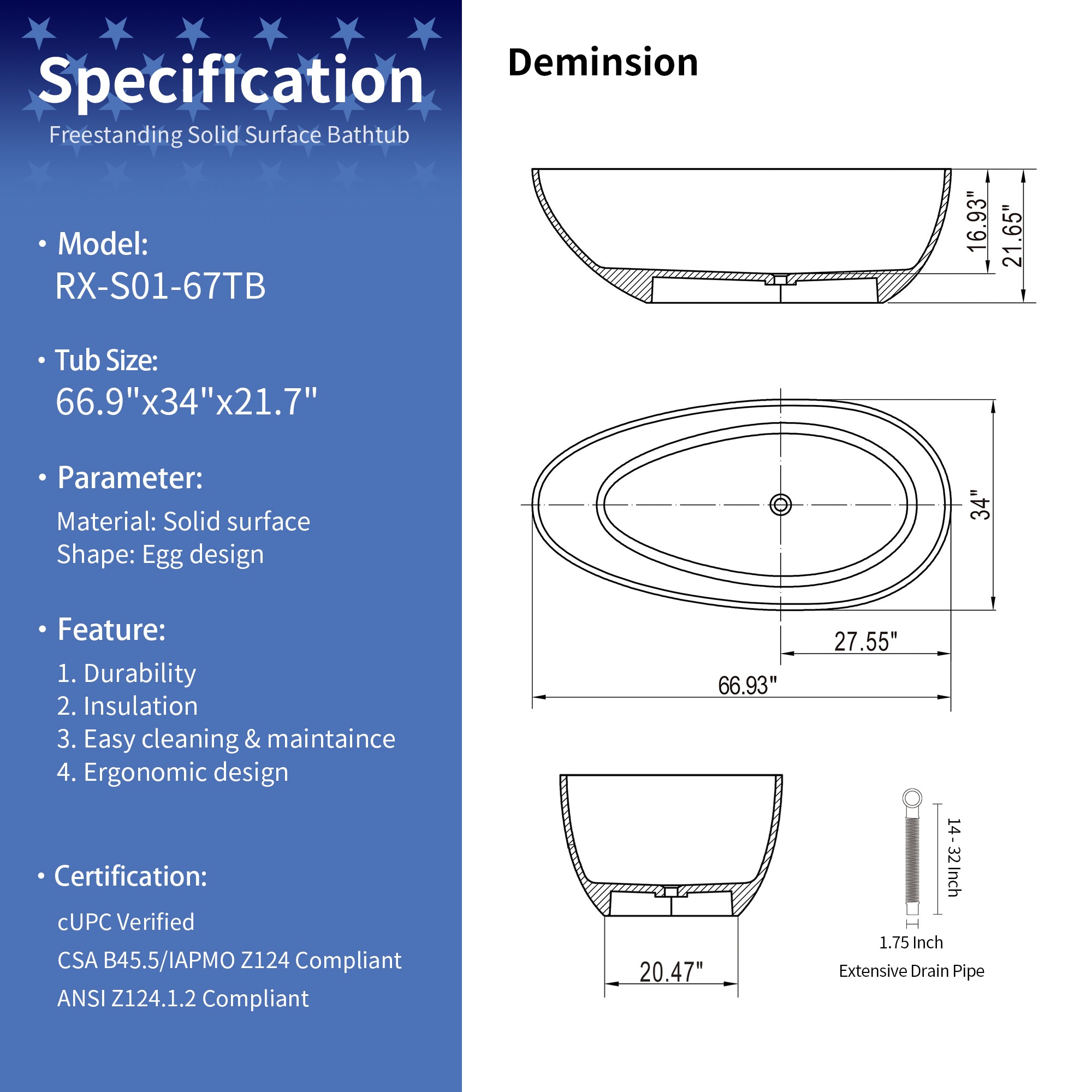 67" Egg Shaped Freestanding Solid Surface Soaking Bathtub in Translucent Black