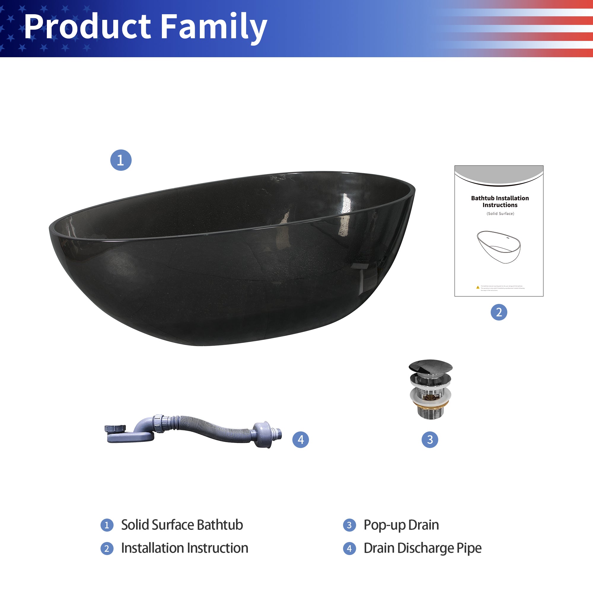 67" Egg Shaped Freestanding Solid Surface Soaking Bathtub in Translucent Black