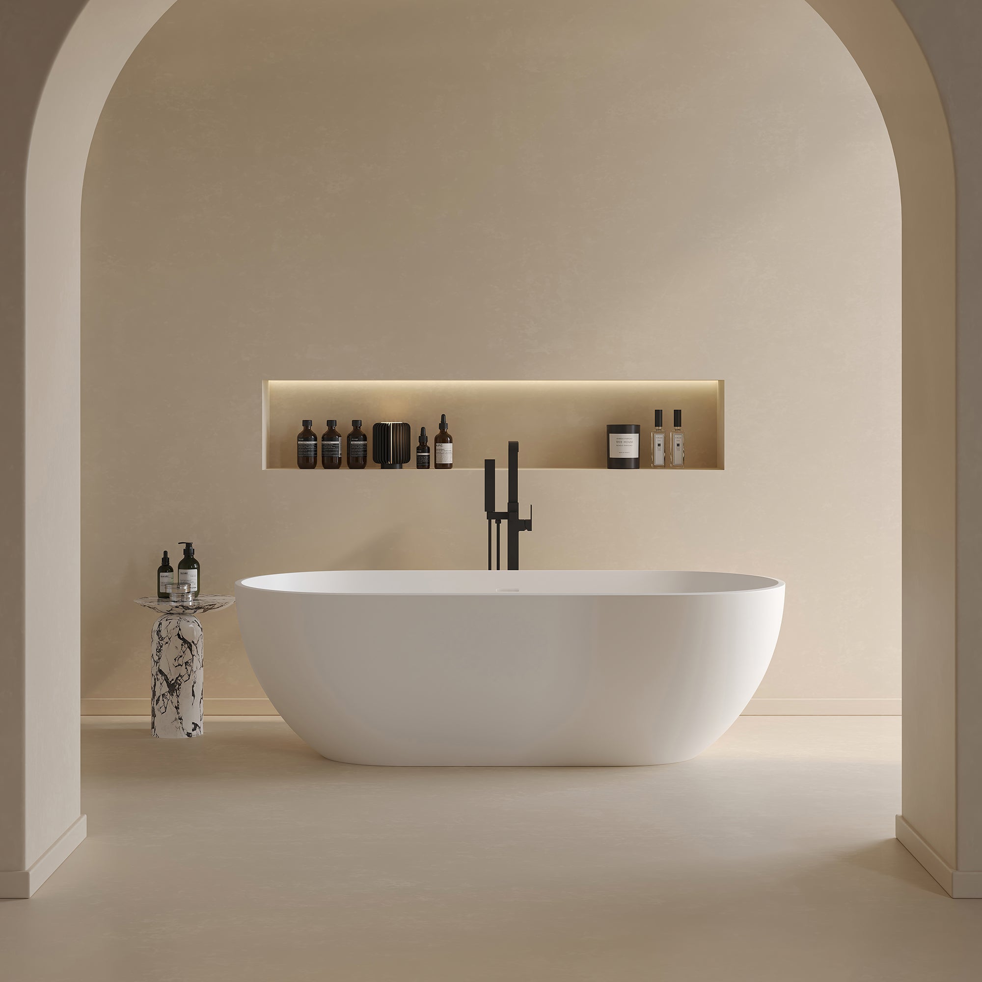 69" Oval Freestanding Solid Surface Soaking Bathtub with Overflow