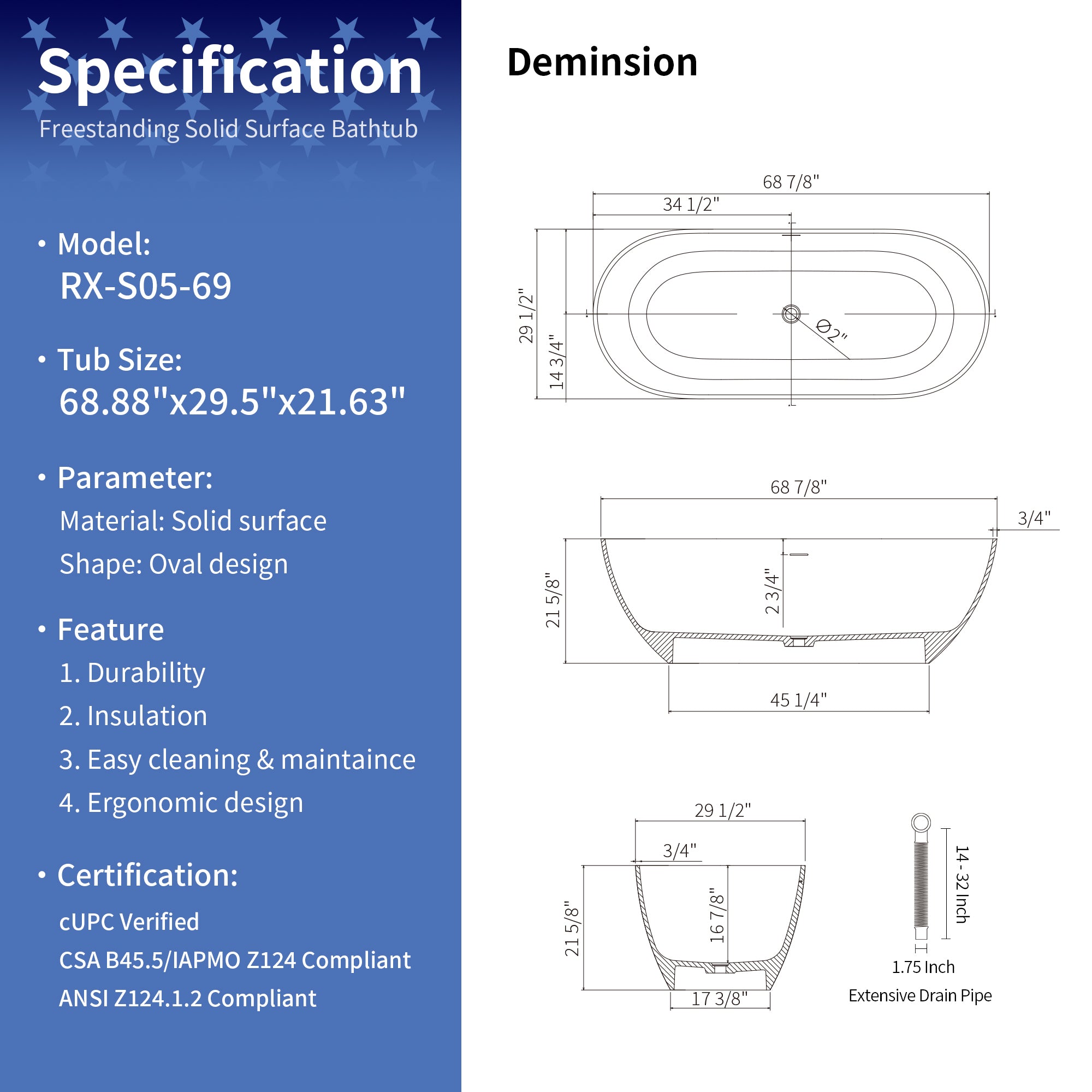 69" Oval Freestanding Solid Surface Soaking Bathtub with Overflow