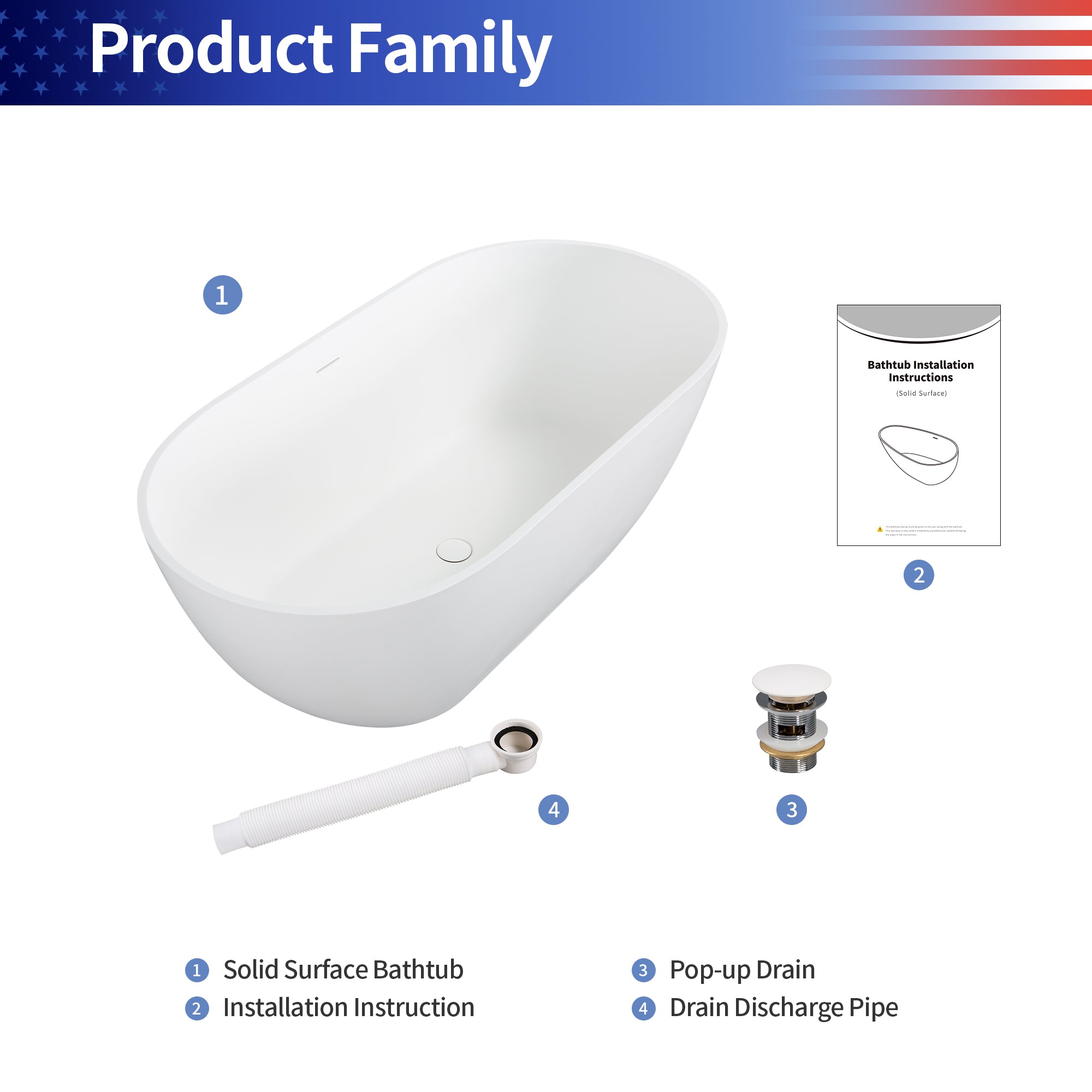 69" Oval Freestanding Solid Surface Soaking Bathtub with Overflow