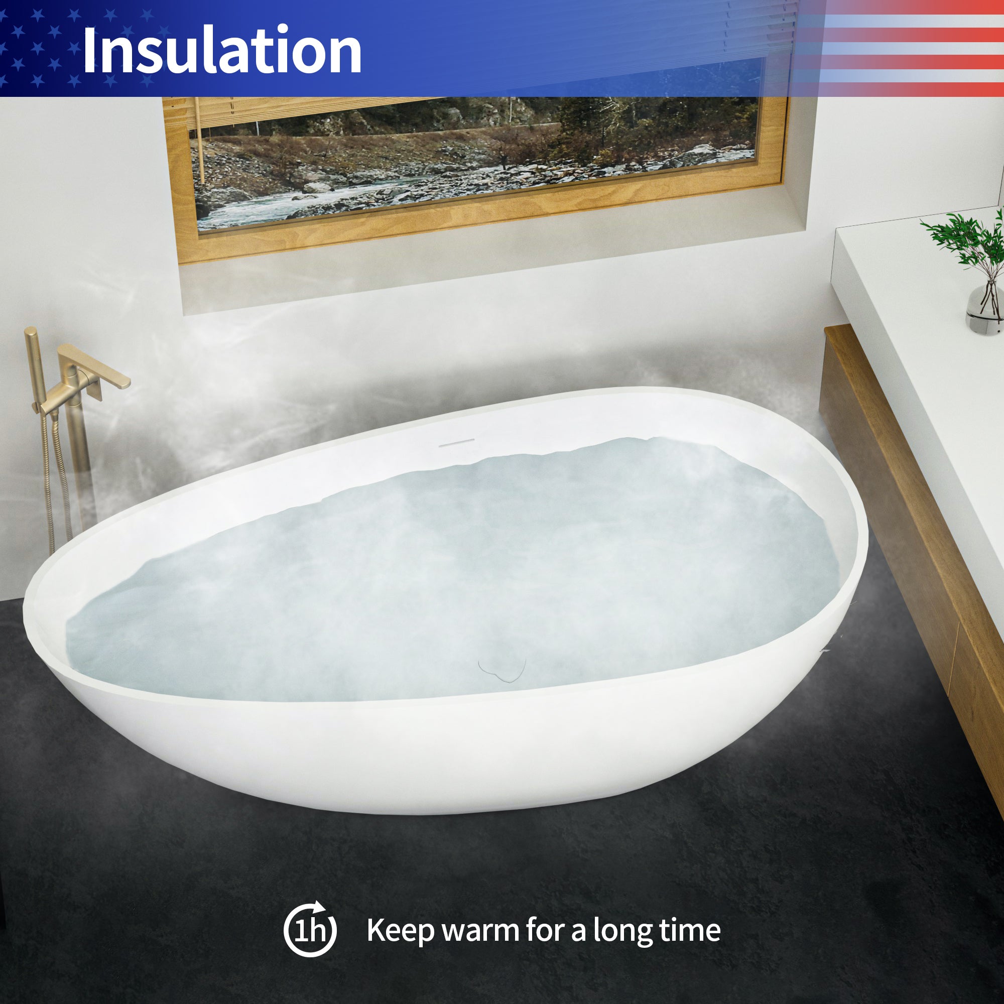 69" Oval Freestanding Solid Surface Soaking Bathtub with Overflow