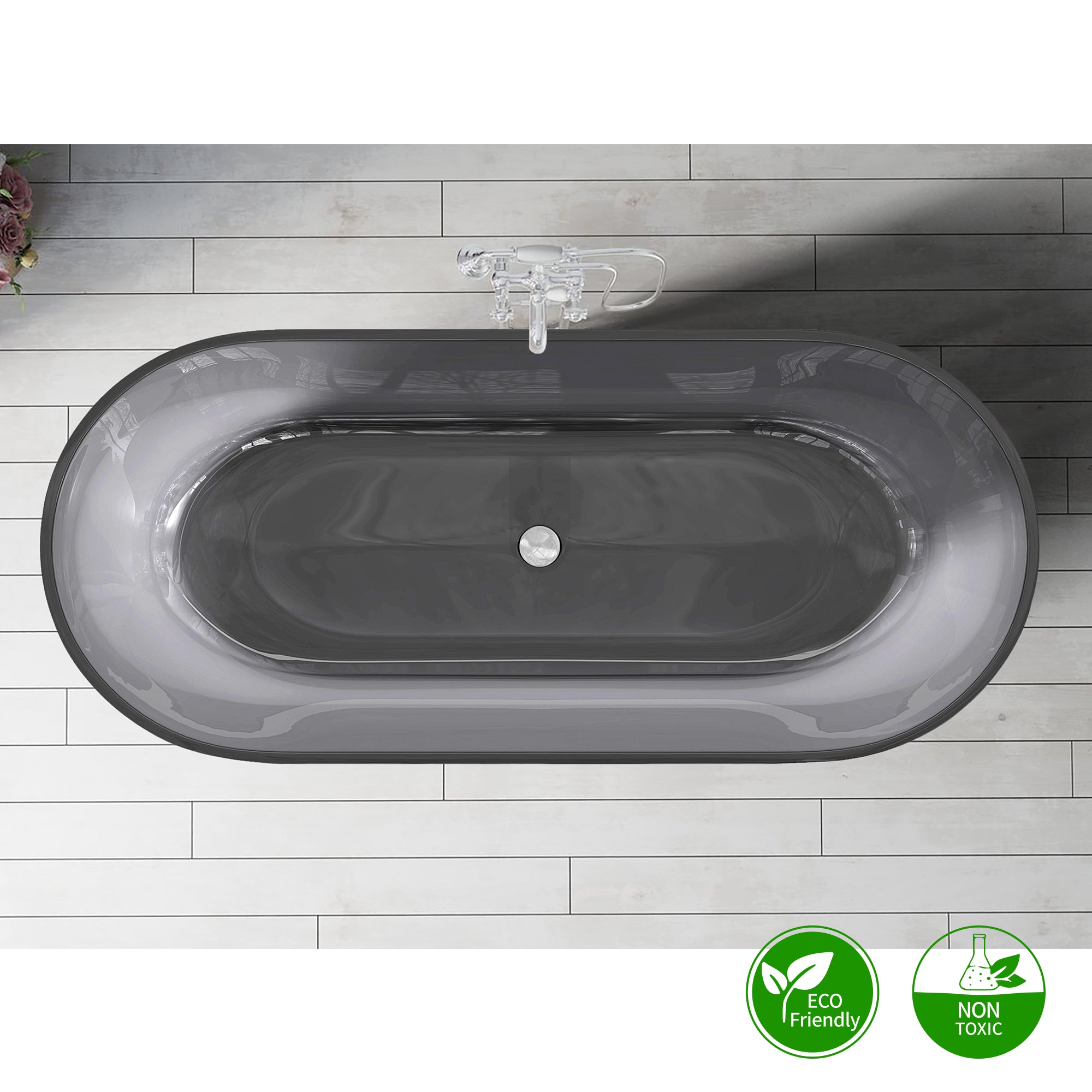 69" Oval Shaped Freestanding Solid Surface Soaking Bathtub in Transparent Black
