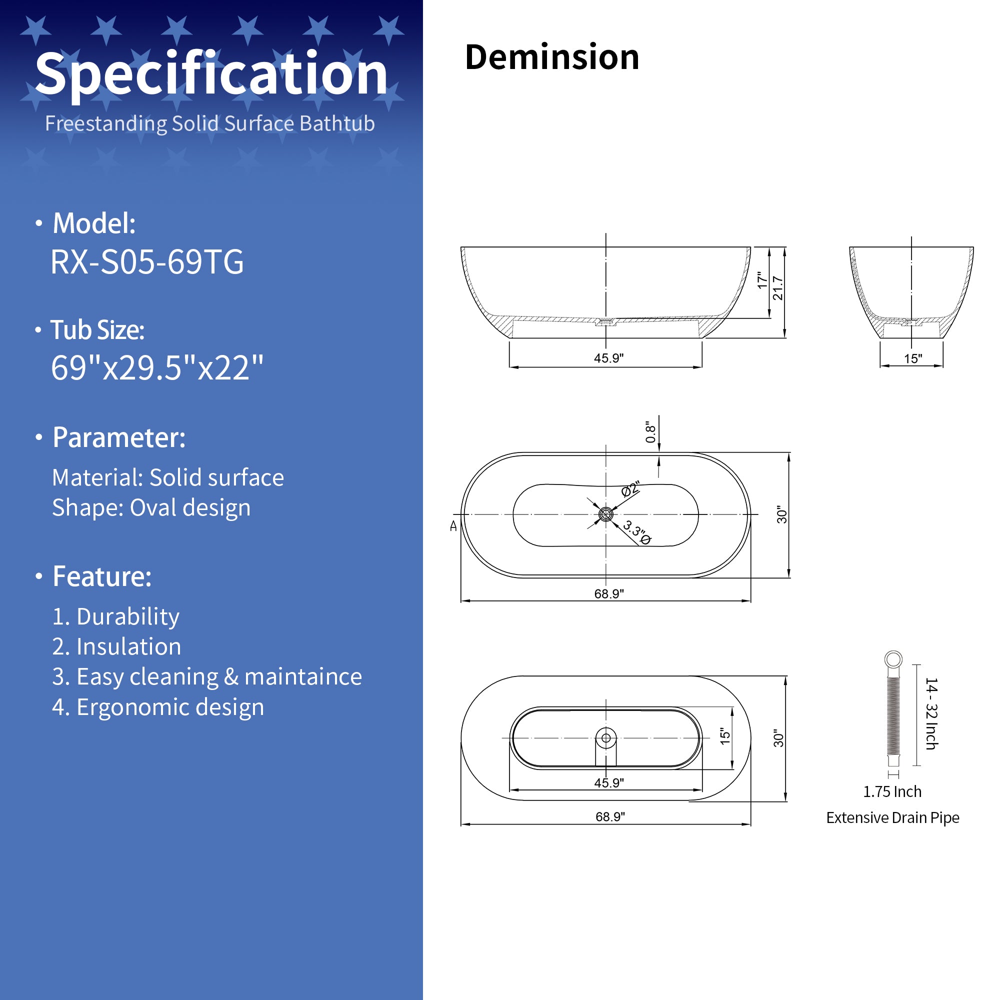 69" Oval Shaped Freestanding Solid Surface Soaking Bathtub in Transparent Black