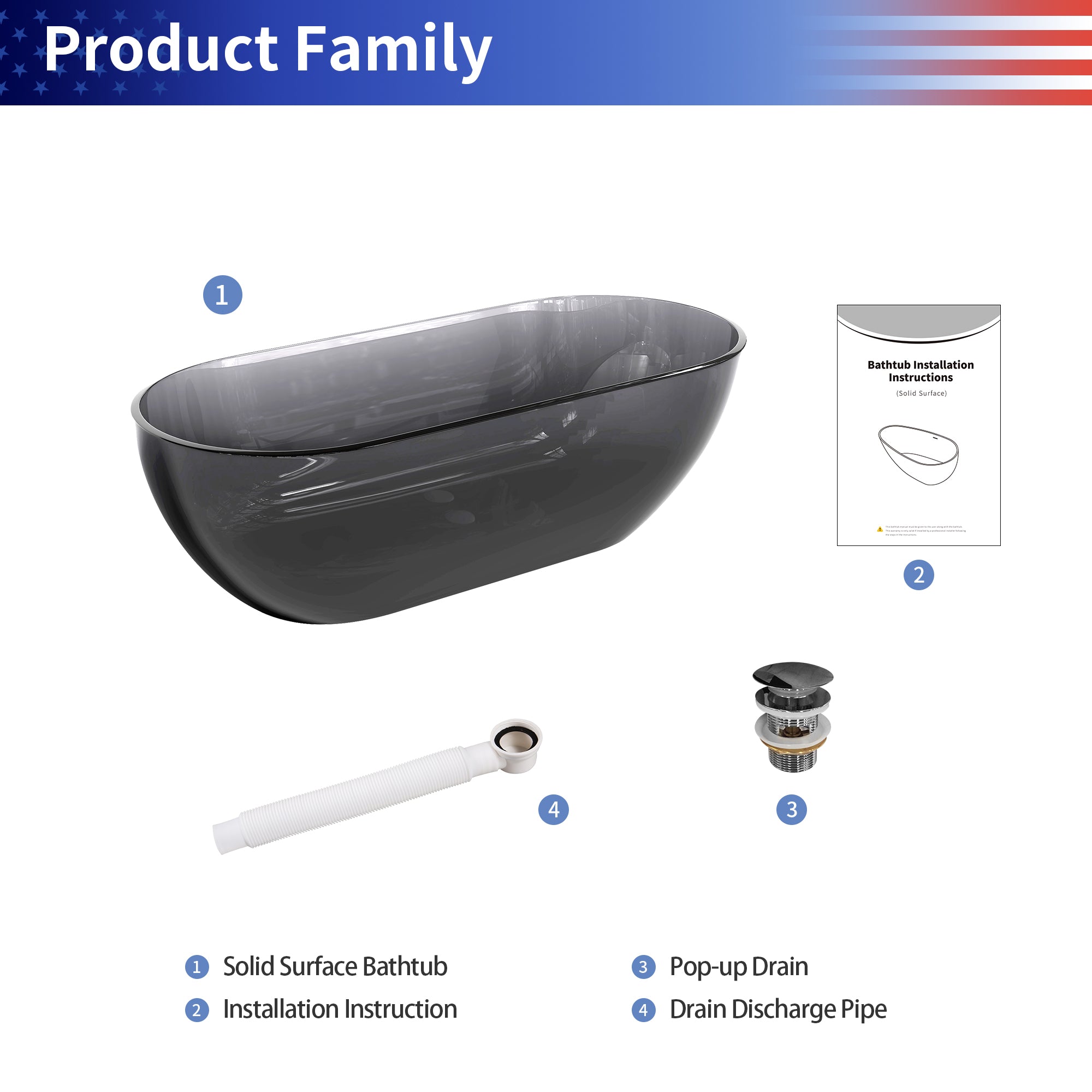 69" Oval Shaped Freestanding Solid Surface Soaking Bathtub in Transparent Black