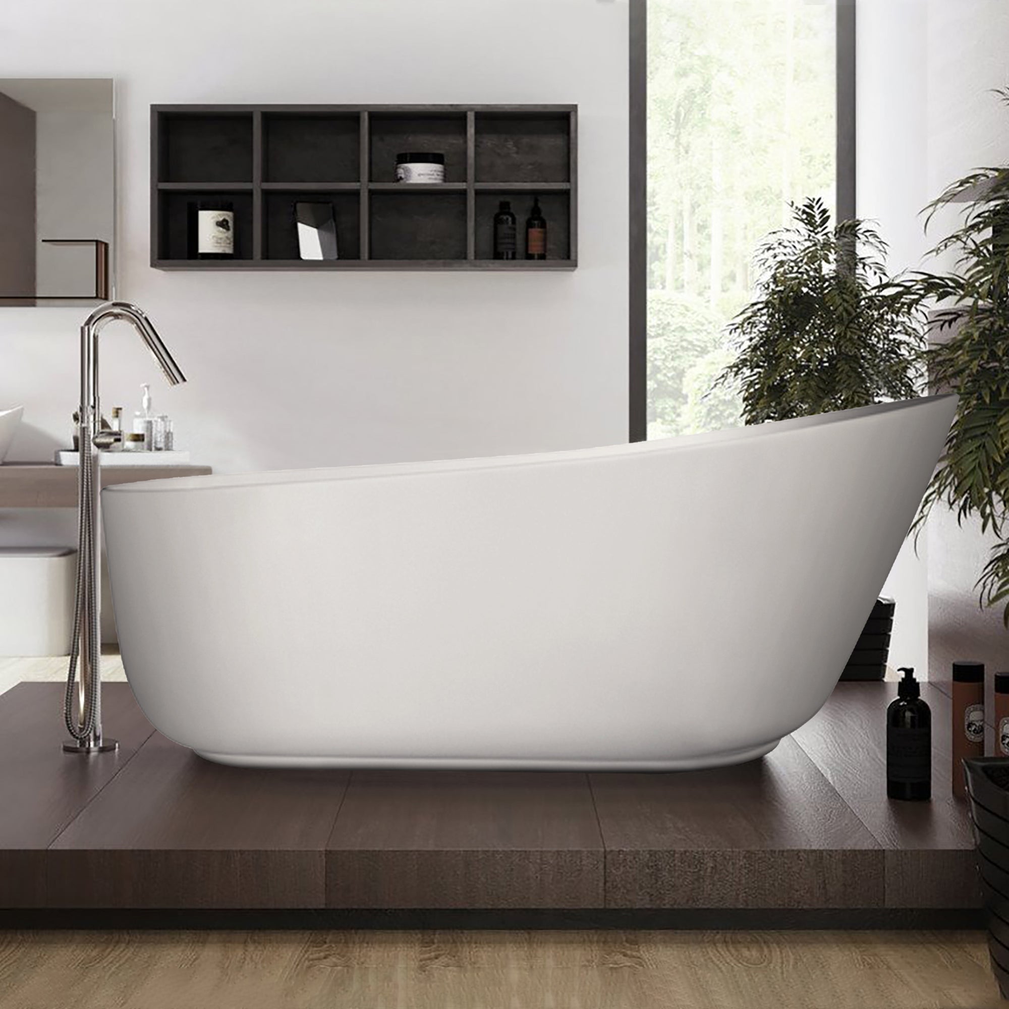 67" Oval Shaped Freestanding Solid Surface Soaking Bathtub with Overflow