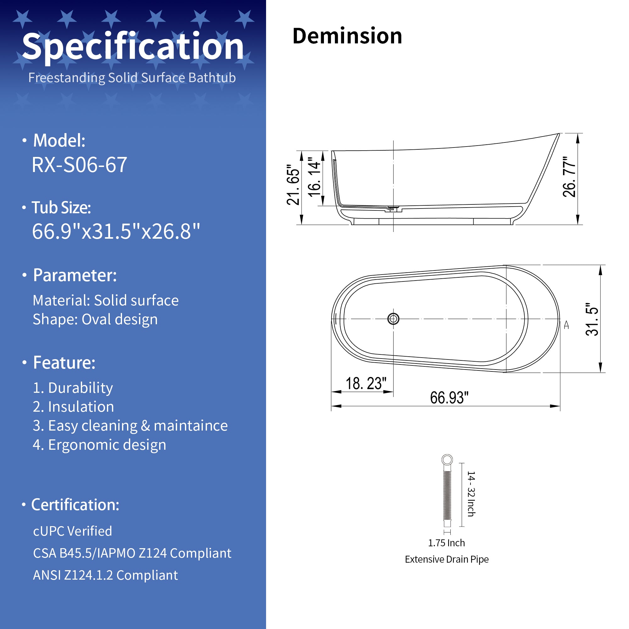 67" Oval Shaped Freestanding Solid Surface Soaking Bathtub with Overflow
