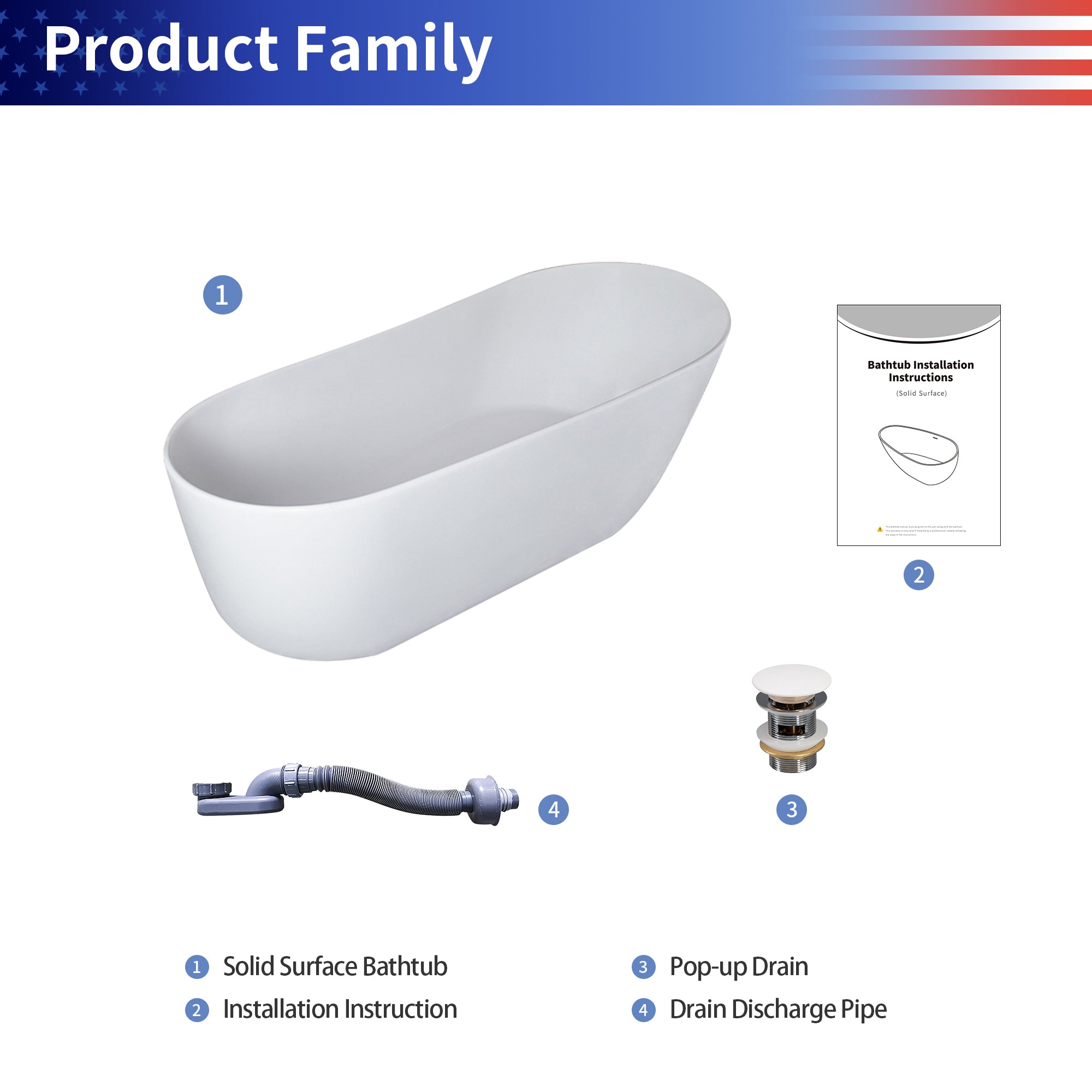 67" Oval Shaped Freestanding Solid Surface Soaking Bathtub with Overflow