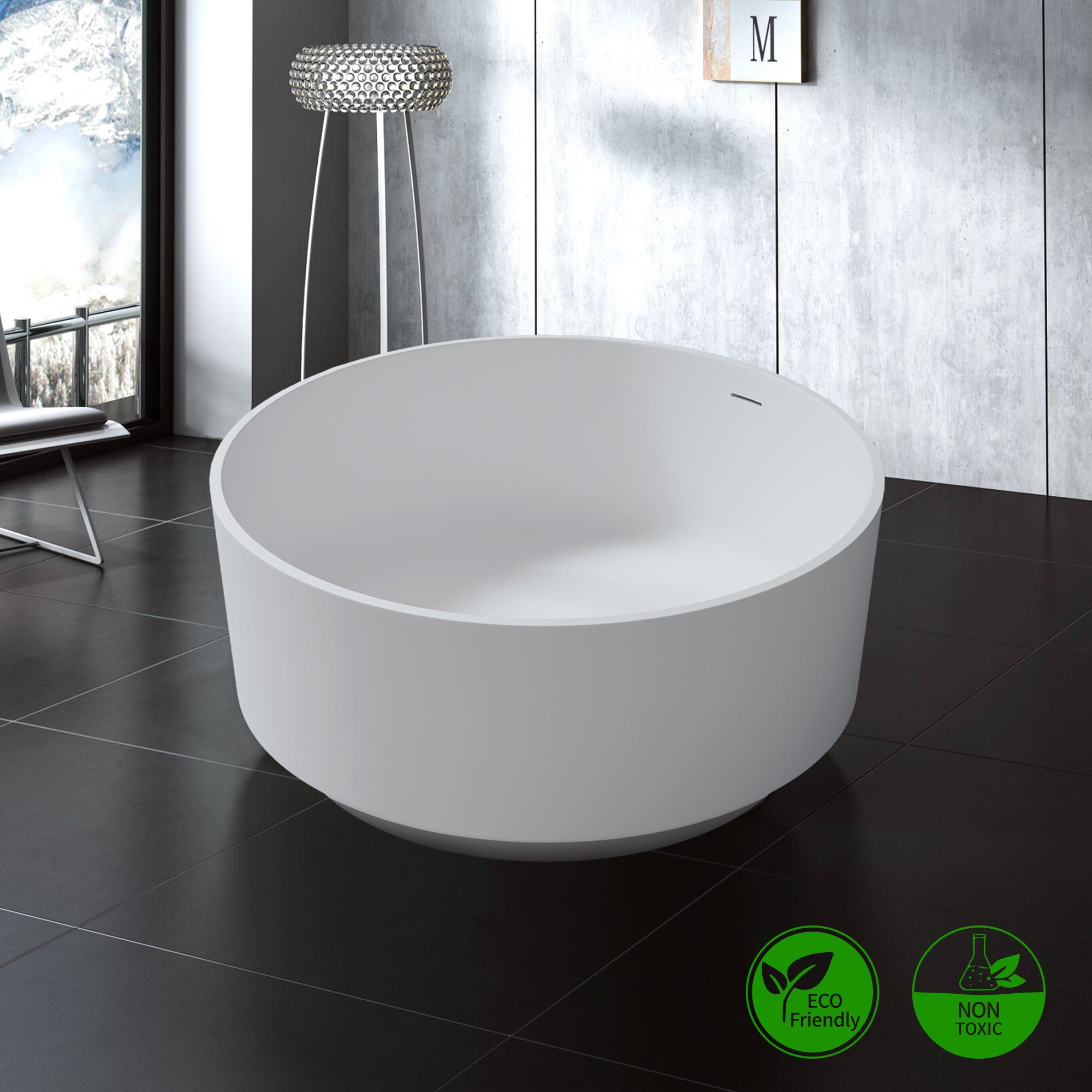 49" Oval Shaped Freestanding Solid Surface Soaking Bathtub with Overflow