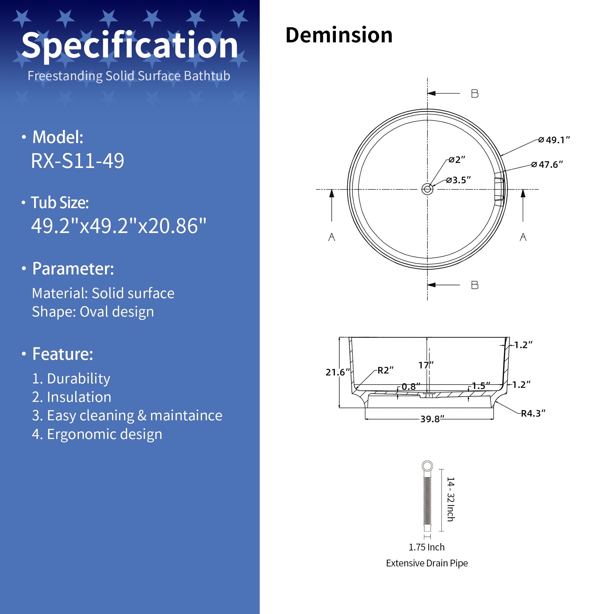 49" Oval Shaped Freestanding Solid Surface Soaking Bathtub with Overflow