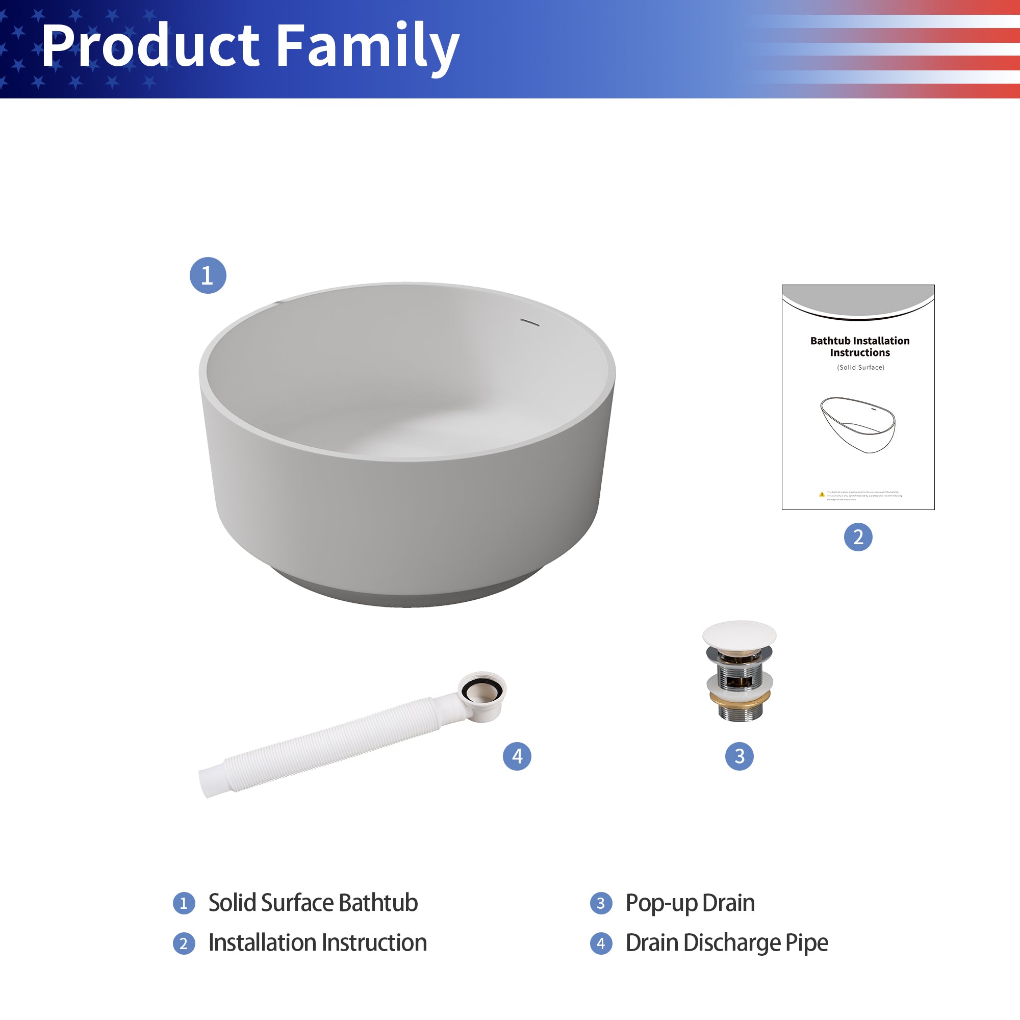 49" Oval Shaped Freestanding Solid Surface Soaking Bathtub with Overflow