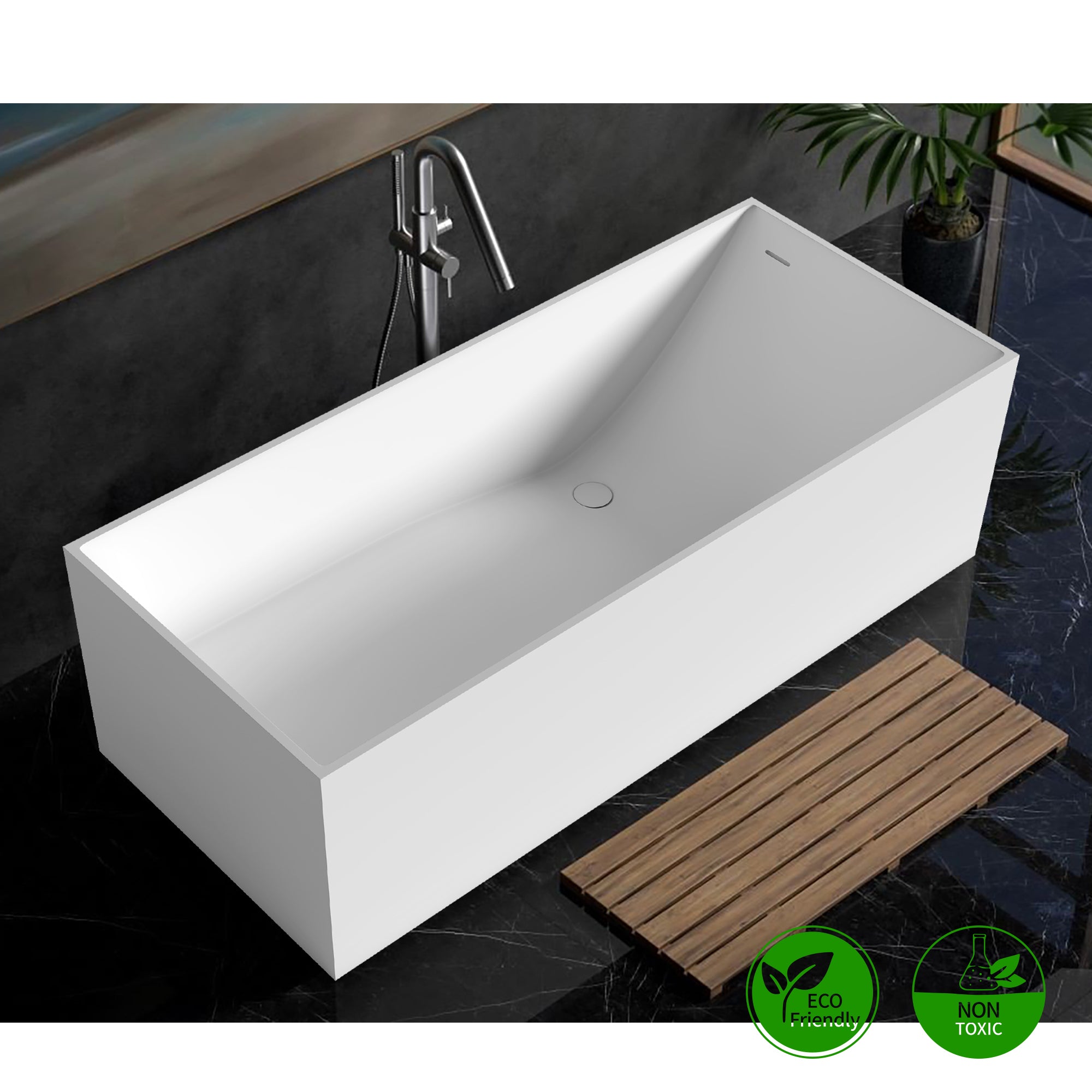 67" Oval Shaped Freestanding Solid Surface Soaking Bathtub with Overflow