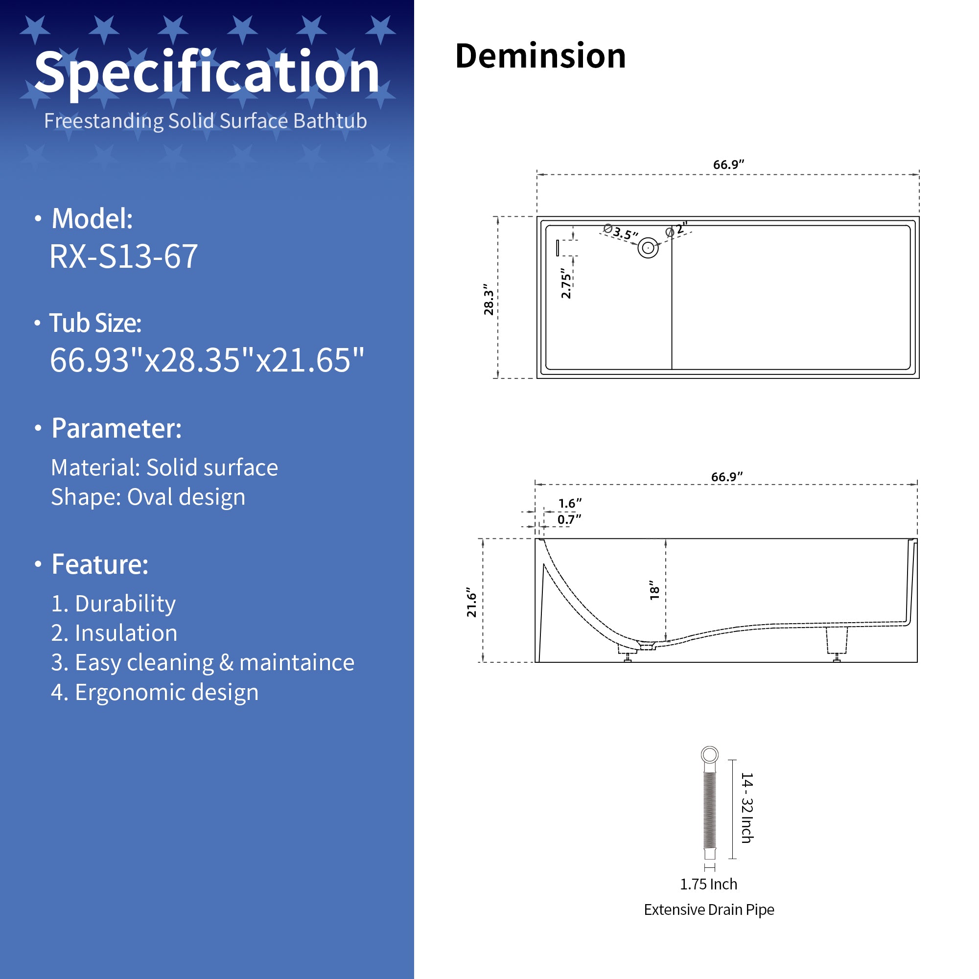 67" Oval Shaped Freestanding Solid Surface Soaking Bathtub with Overflow