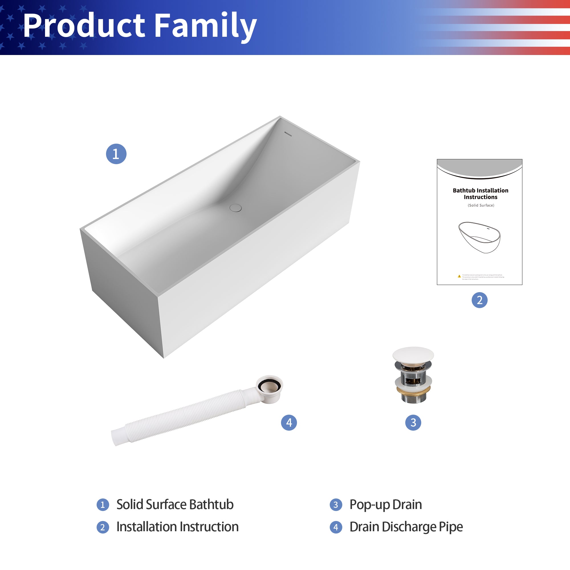 67" Oval Shaped Freestanding Solid Surface Soaking Bathtub with Overflow