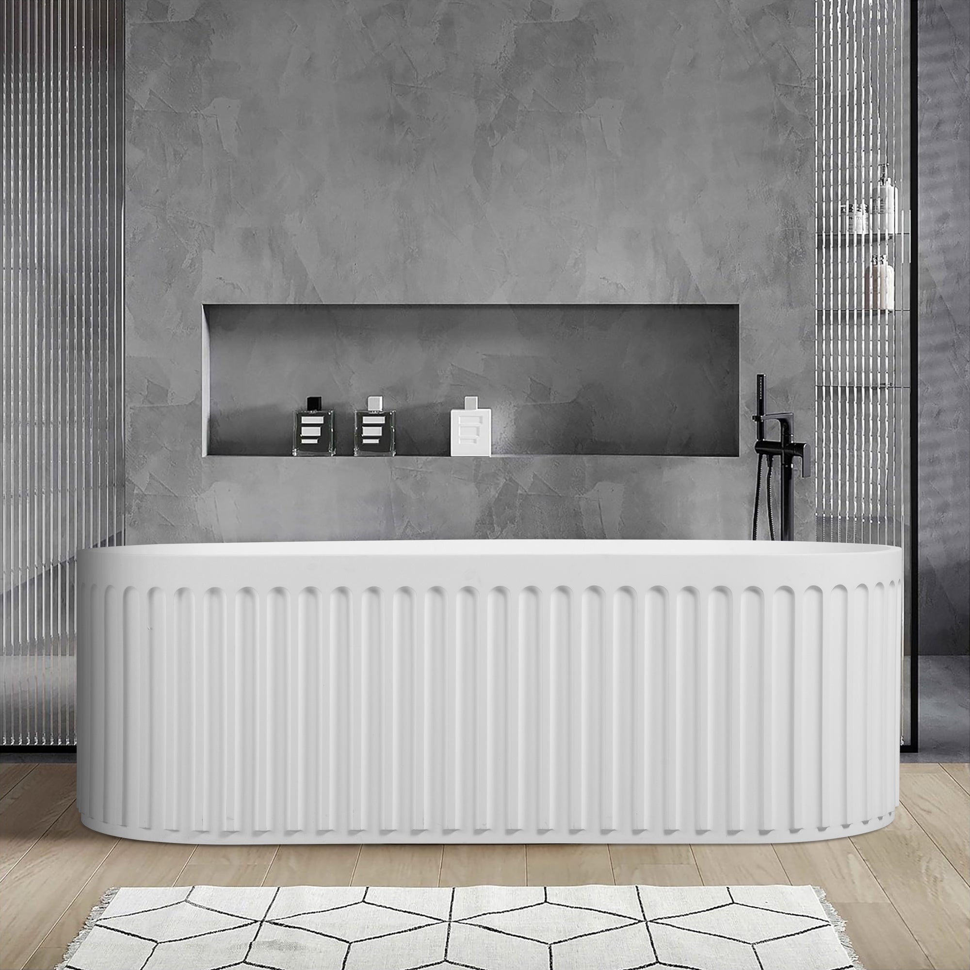 67" Oval Shaped Freestanding Solid Surface Soaking Bathtub with Overflow