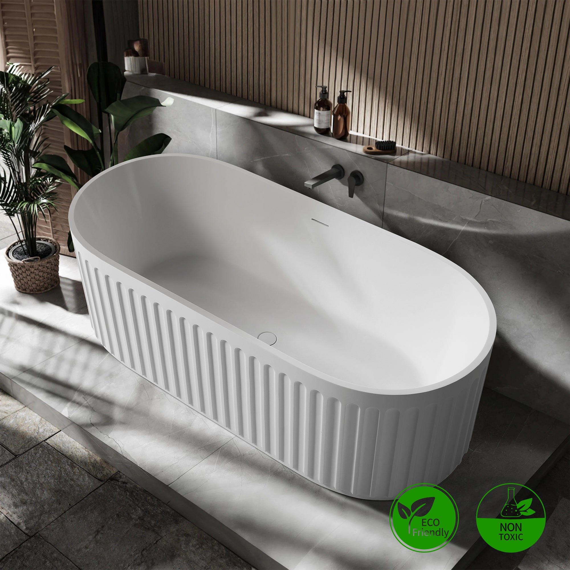 67" Oval Shaped Freestanding Solid Surface Soaking Bathtub with Overflow