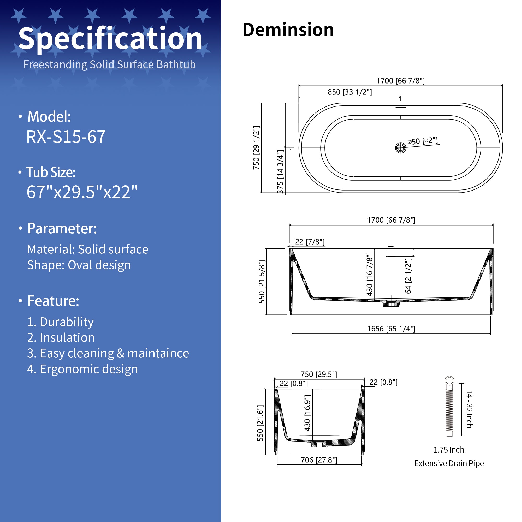 67" Oval Shaped Freestanding Solid Surface Soaking Bathtub with Overflow