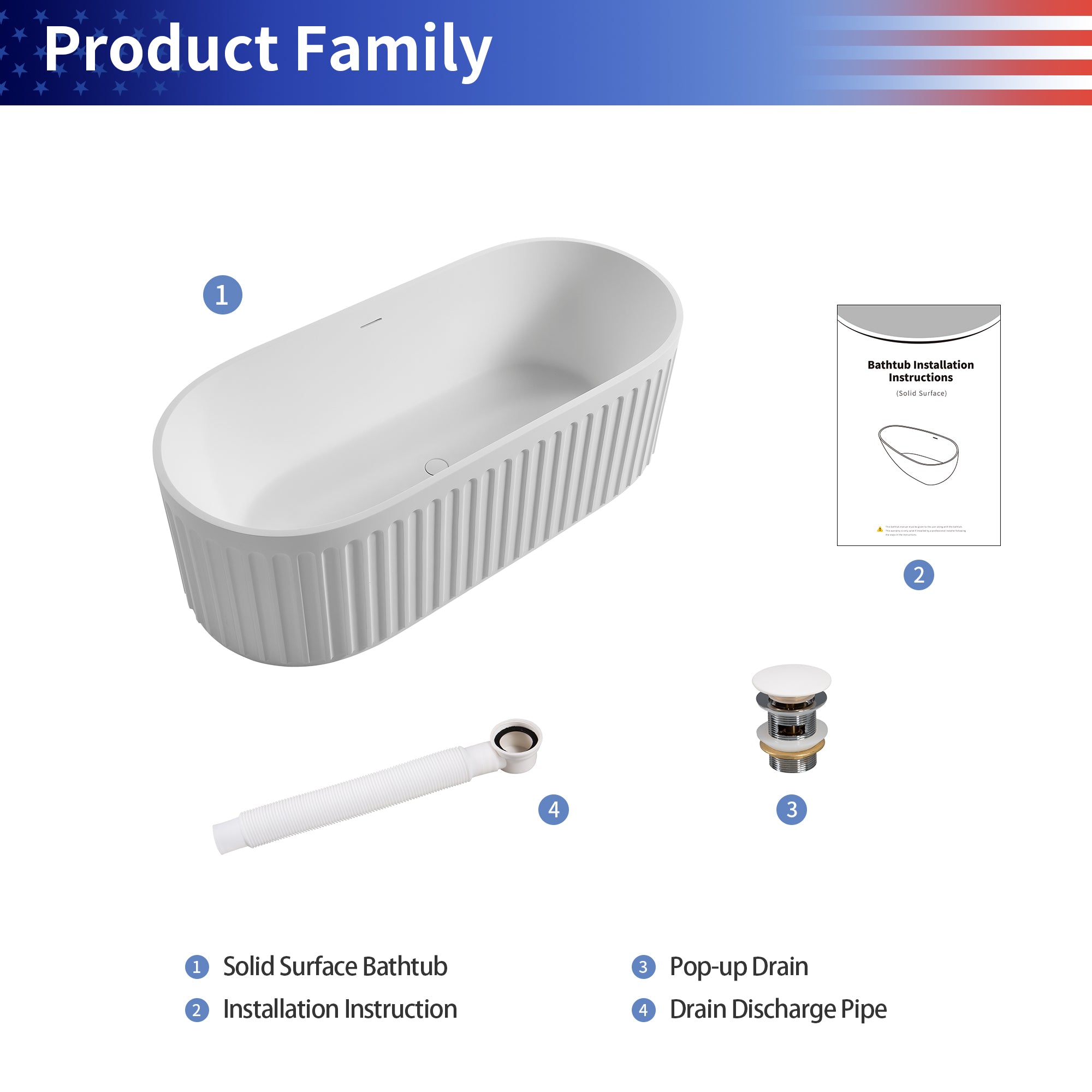 67" Oval Shaped Freestanding Solid Surface Soaking Bathtub with Overflow