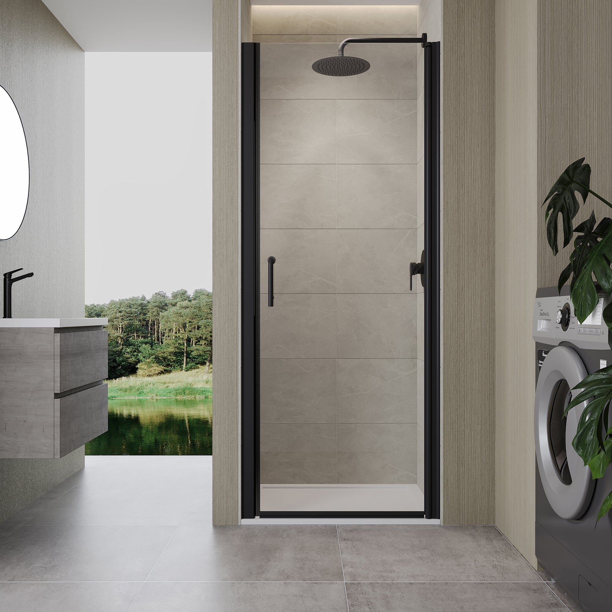 32 to 33-3/8 in. W x 72 in. H Semi-Frameless Pivot Shower Door in Matte Black