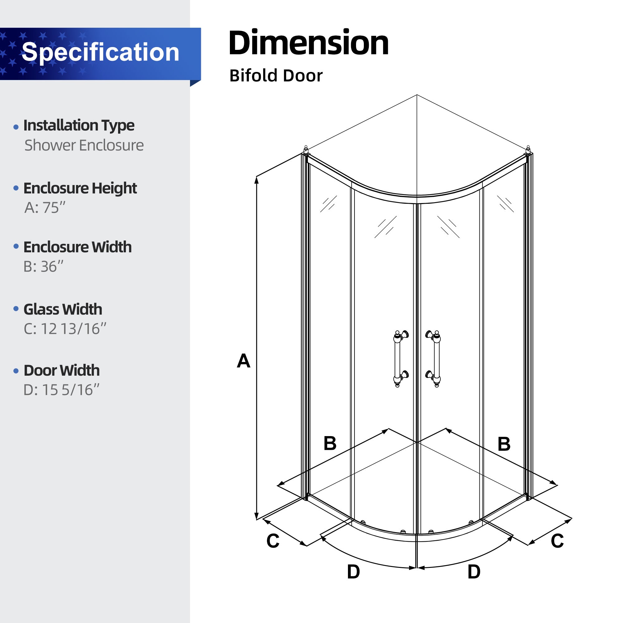 36" x 75" Semi-Frameless Round Sliding Shower Enclosure in Chrome