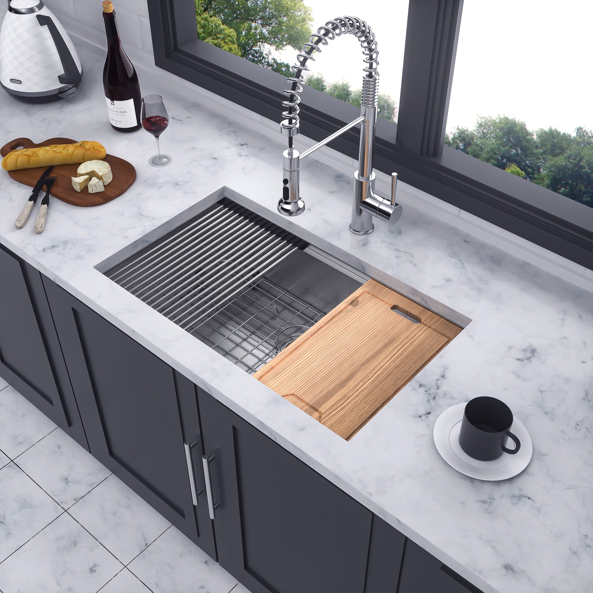Undermount Single Bowl Stainless Steel Kitchen Sink with Workstation