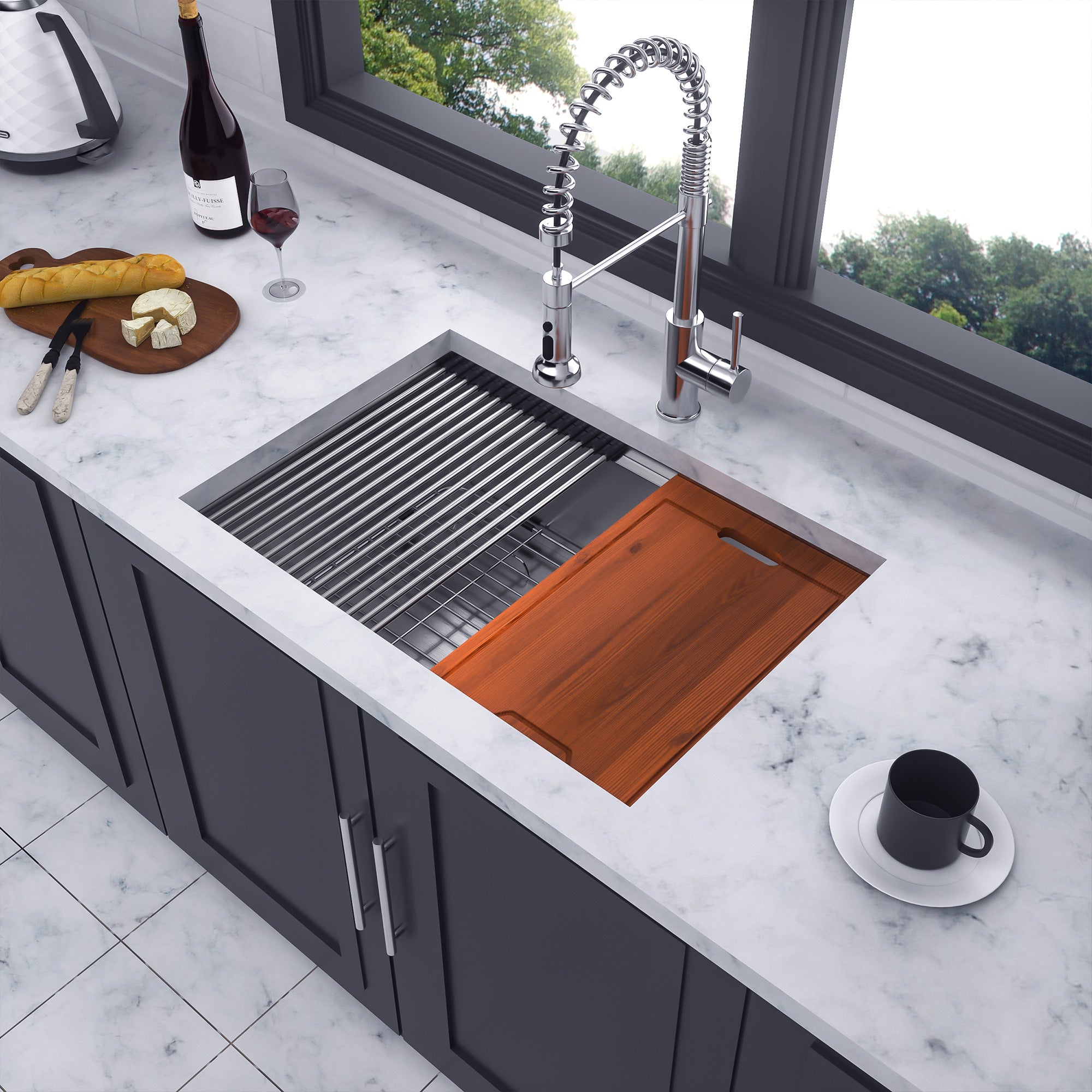Undermount Single Bowl Stainless Steel Kitchen Sink with Workstation