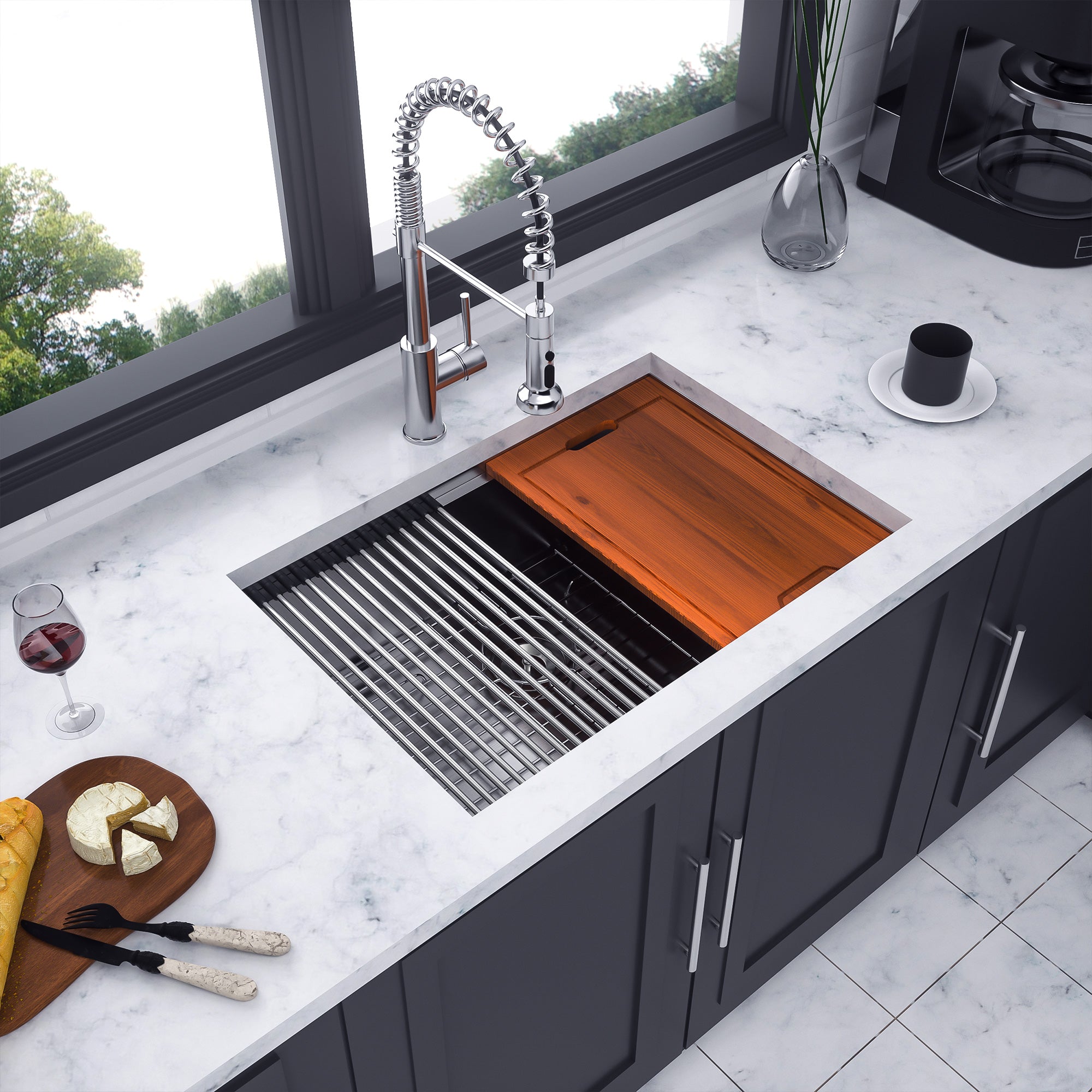 Undermount Single Bowl Stainless Steel Kitchen Sink with Workstation